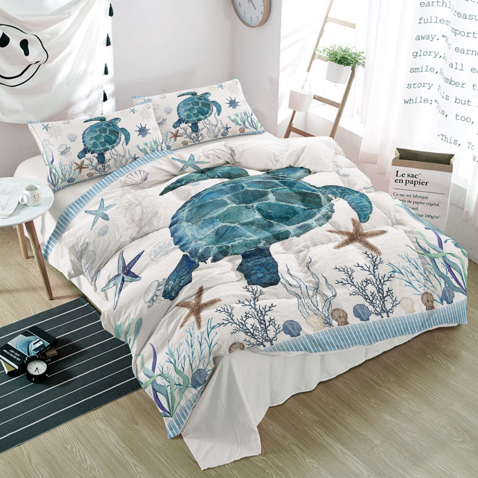 Luxury 3-Piece Microfiber Bedding Set - Ocean Turtle Starfish Shell Blue Stripes Duvet Cover Full Size with Pillow Shams | Soft Comforter Protector for Women, Men & Teens | Nautical Underwater World Theme | Perfect for Coastal Bedrooms, Beach House Decor & Ocean Lovers