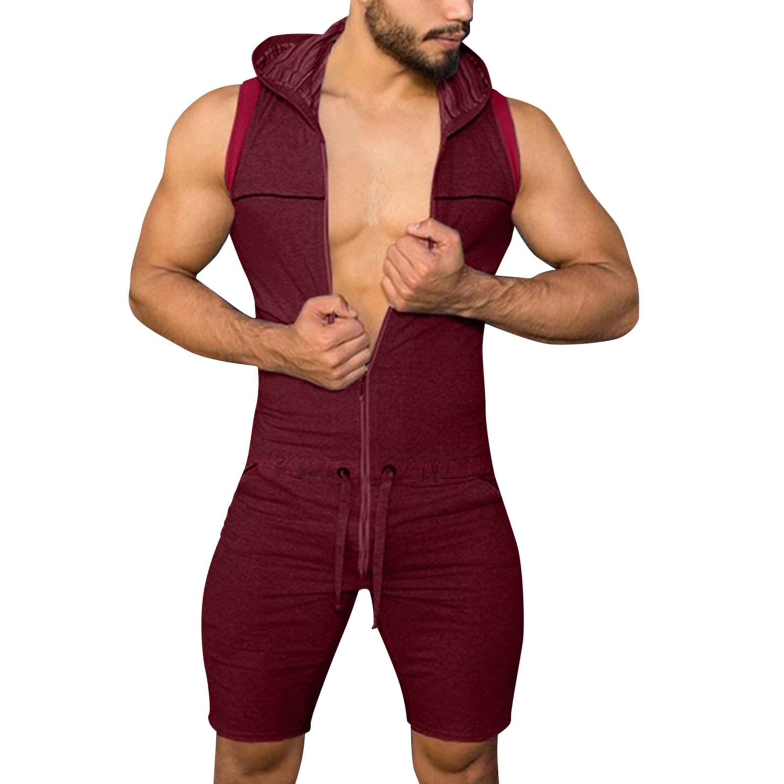 Men's Zippered Jumpsuit with Pockets - Long Sleeve Hooded Romper in Solid Colors | Casual Wear, Workout Outfit & Street Style Fashion