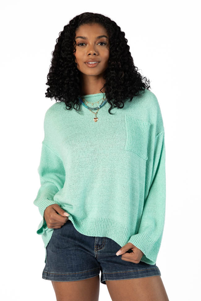 Tell Me Everything Aqua Oversized Pocketed Lightweight Sweater for Women | Cozy Pullover with Pockets | Perfect for Fall & Winter Layering, Casual Outfits and Lounge Wear
