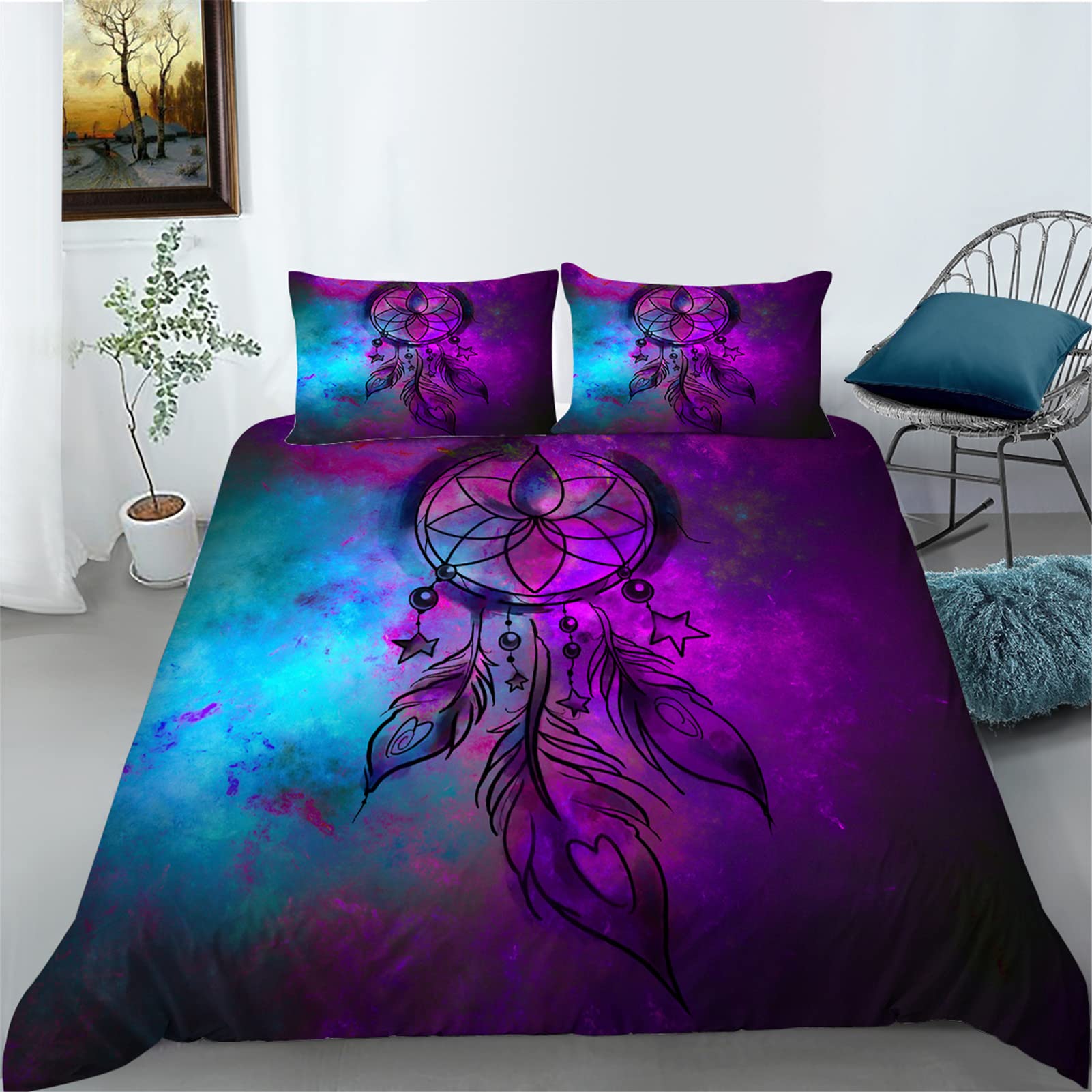 Bohemian Feathers Duvet Cover Set - Queen Size Microfiber for Bedroom Decor