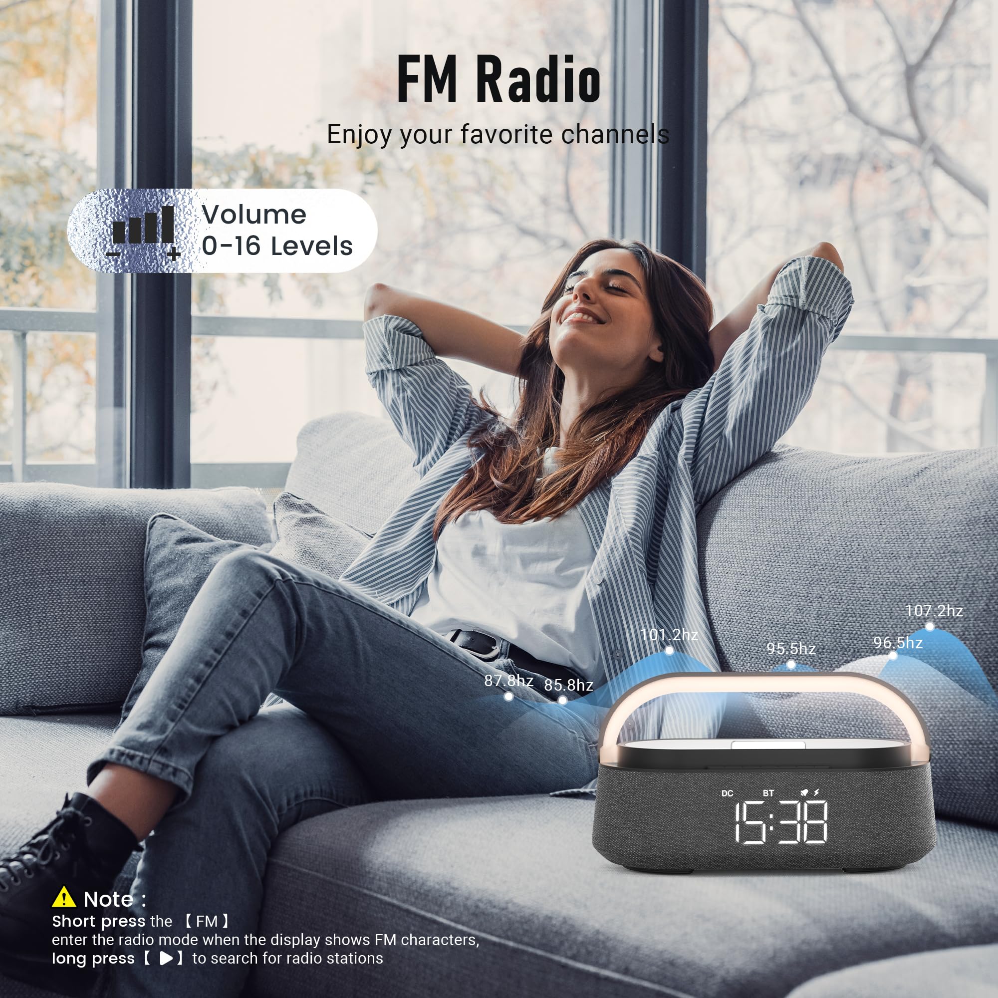 6-in-1 Bluetooth Speaker with Wireless Charger | Portable Bedroom Speaker with FM Radio, Adjustable LED Night Light, Dual Wireless Charging & Phone Stand | Perfect for Bedside, Home Office, Travel & Gifts