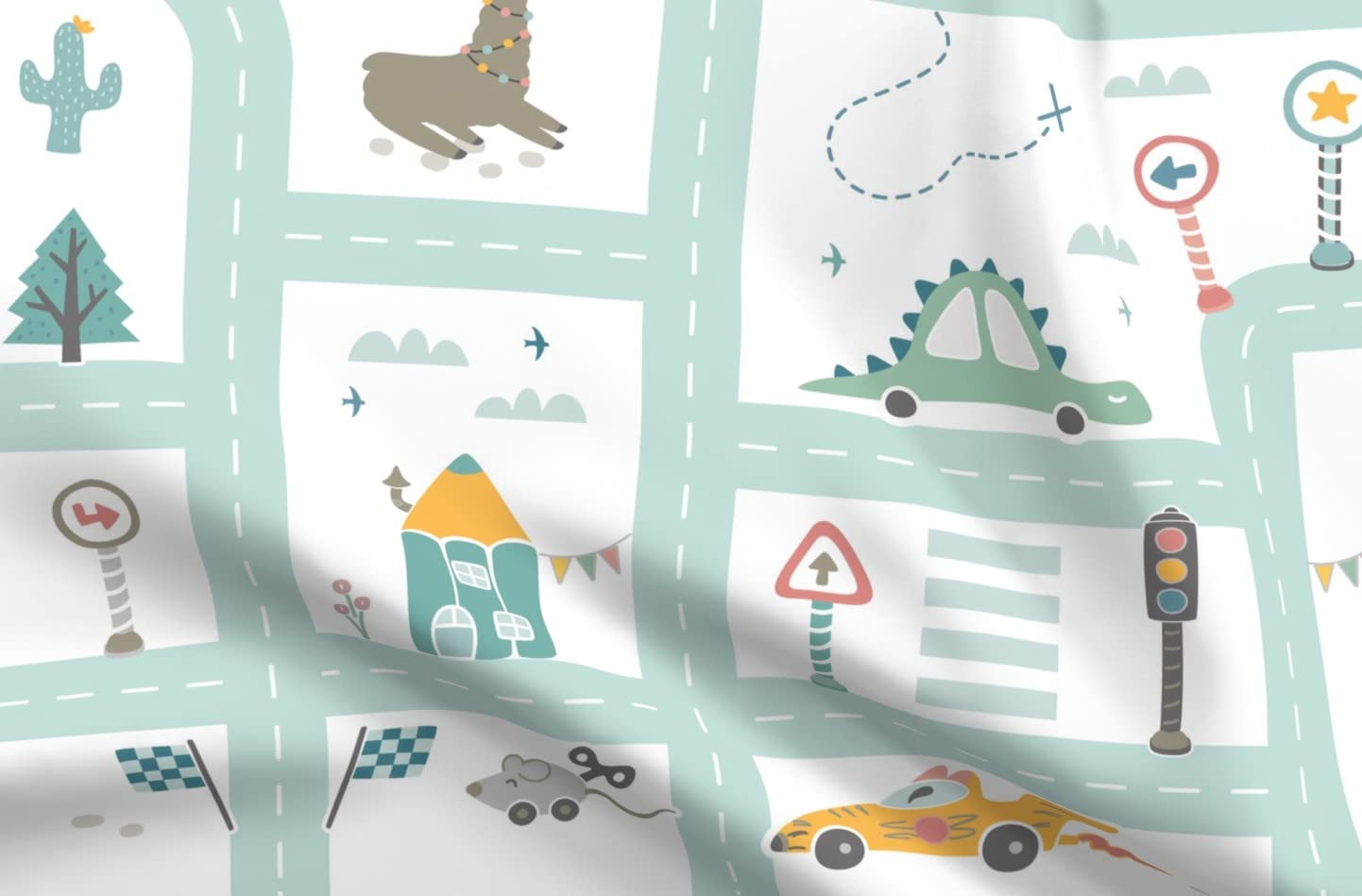 Playmat Kids Cars Traffic City Houses Neighborhood Printed Cotton Poplin Fabric by The Yard - Soft Durable Material for Sewing, Quilting, Dresses & DIY Crafts - Perfect for Children's Playrooms, Nursery Decor & Educational Activities