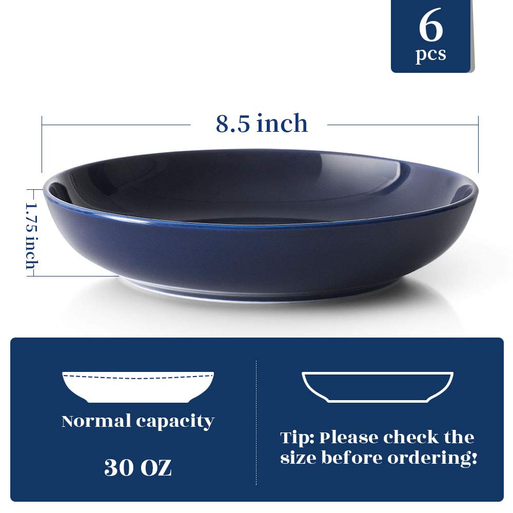 Y YHY 30oz Pasta Bowls Set of 6 - Large Porcelain Soup & Salad Serving Bowls, Wide Shallow Dishes - Microwave & Dishwasher Safe - Blue - Perfect for Family Dinners, Restaurants & Entertaining