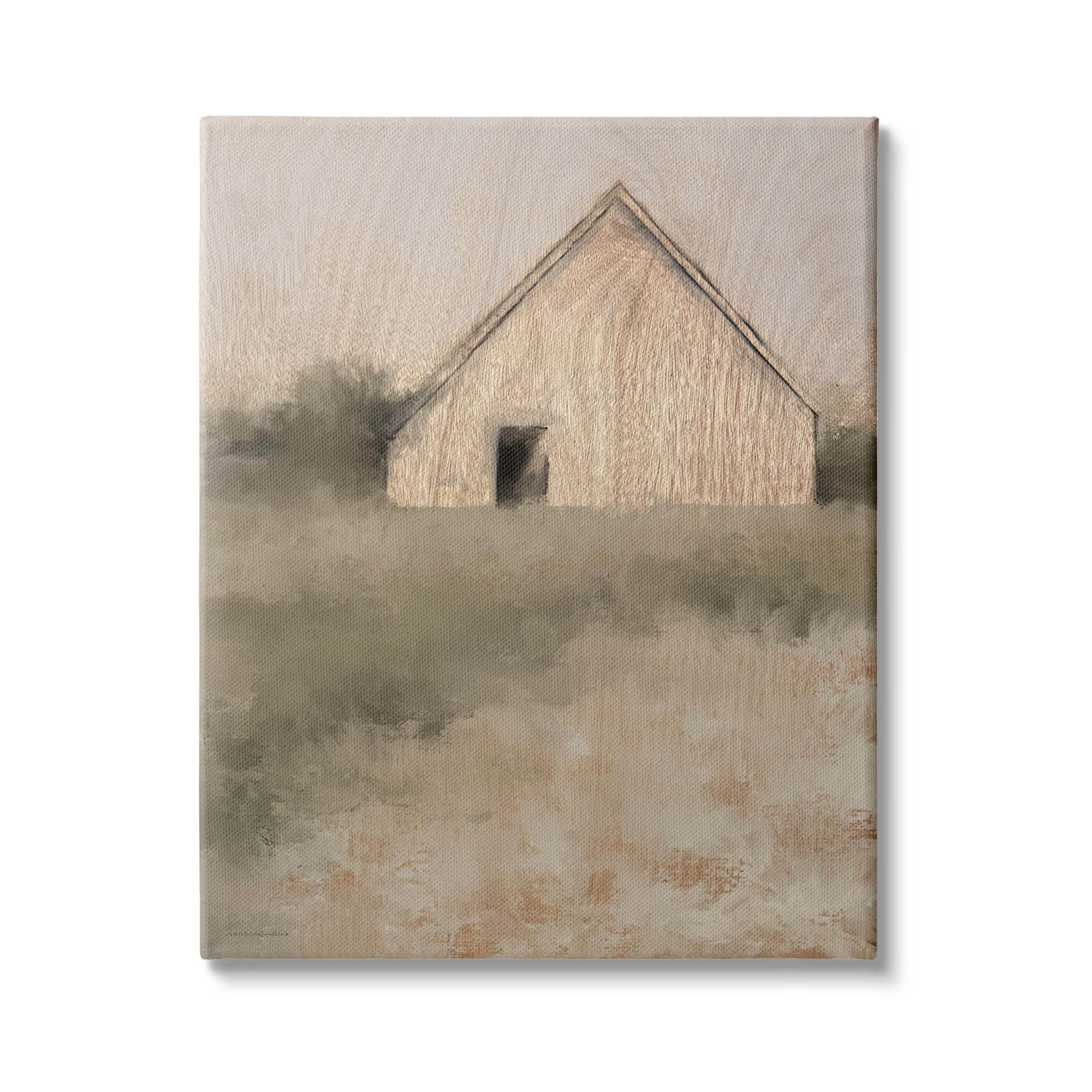 Stupell Industries Rustic Country Cottage Triangle Roof Distressed Landscape Painting - 36x48 Inch Tan Canvas Wall Art for Living Room, Bedroom & Farmhouse Decor