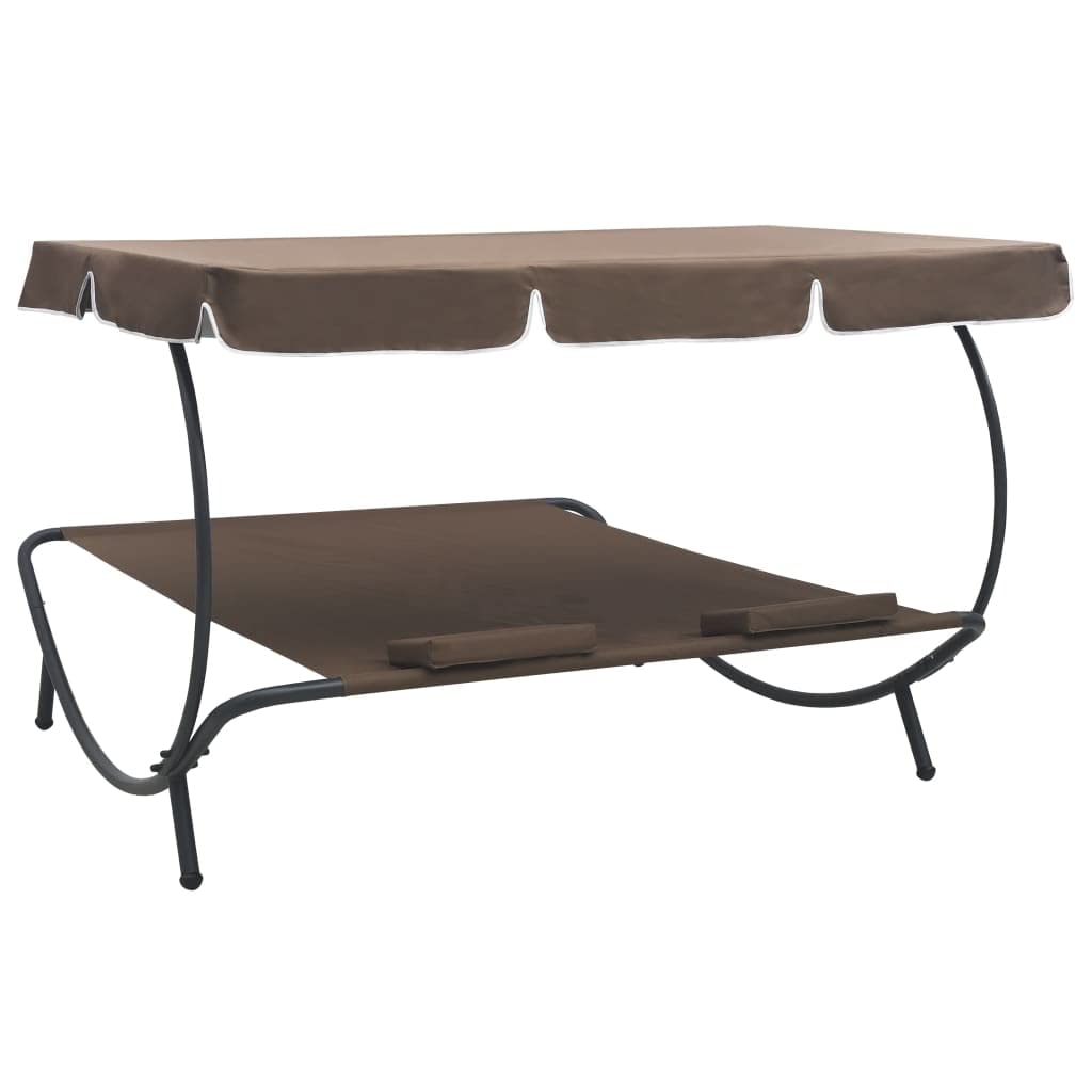 SKM Patio Lounge Bed with Canopy and Pillows - Outdoor Relaxation Furniture for Garden, Poolside, or Backyard - Brown Weather-Resistant Wicker Daybed