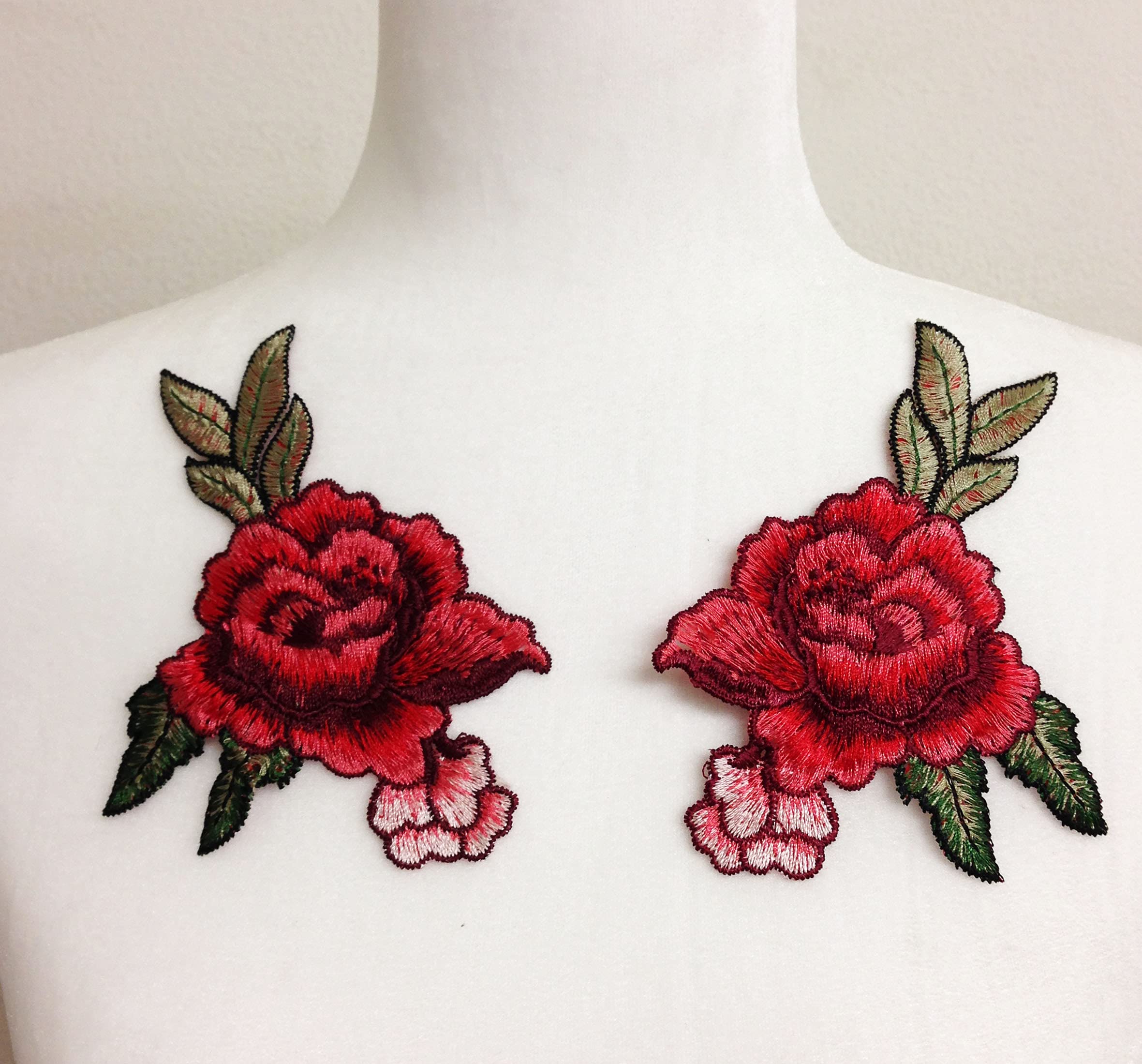 PEPPERLONELY 1 Pair Embroidered Rose Flower Iron-On/Sew-On Patches for Hats, Bags, Jeans - DIY Clothing Accessories & Crafts (Perfect for Customizing Denim Jackets, Backpacks, and Home Decor)