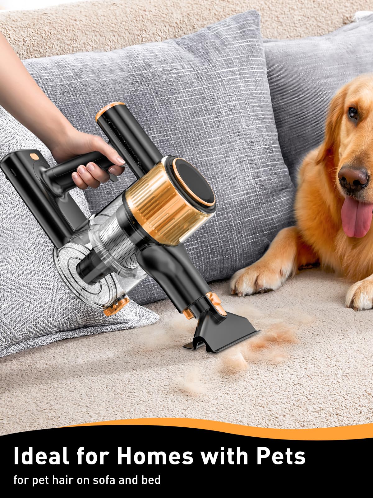 8-in-1 Cordless Vacuum Cleaner with Powerful Suction & LED Display - Lightweight Stick Vacuum for Hard Floors, Carpets & Pet Hair - 3 Adjustable Modes, 45Min Detachable Battery (Golden) - Perfect for Quick Home Cleaning & Pet Owners