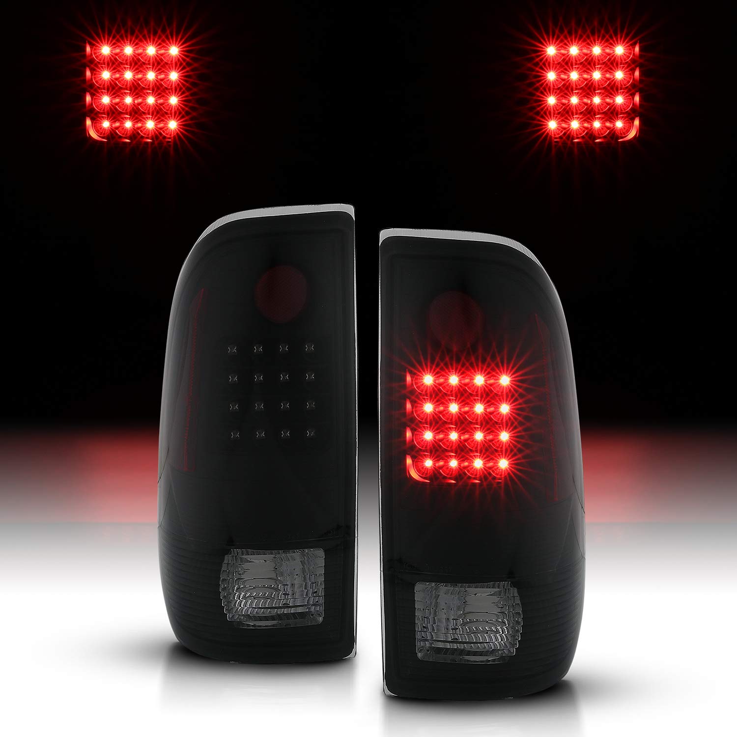 AmeriLite Dark Smoke LED Brake Turn Signal Tail Lights Pair for 1997-2003 Ford F150 & 1999-2007 F250 F350 - Driver & Passenger Side Set - Upgrade Truck Lighting for Night Driving & Enhanced Safety