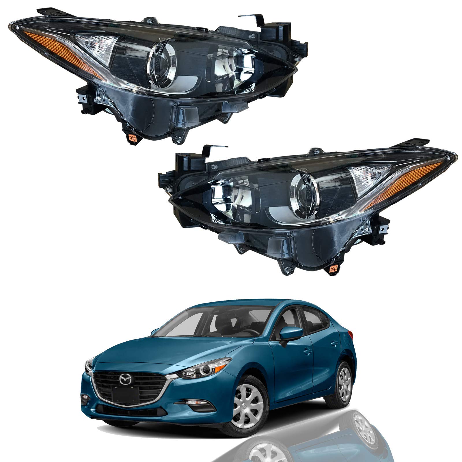 High-Performance Aftermarket Halogen Projector Headlights Assembly Set - Compatible with 2014-2016 Mazda 3 (Replaces MA2502144 & MA2503144) - Driver & Passenger Side Pair - Enhanced Night Visibility for Safer Driving