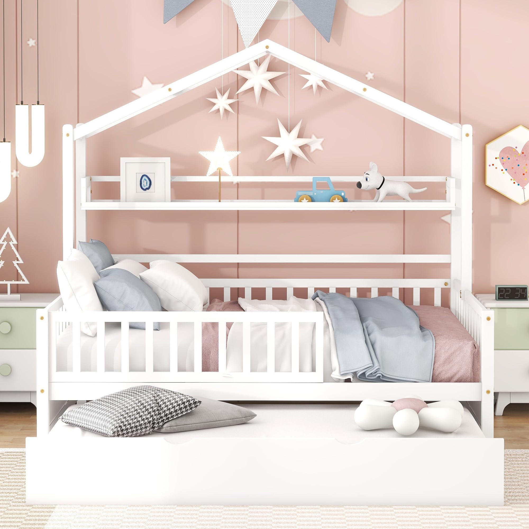 Harper & Bright Designs Full Size House Bed with Trundle - Wooden Kids Bed Frame with Built-in Shelf & Roof - No Box Spring Needed (White) - Perfect for Kids' Bedroom, Playroom & Nursery Decor