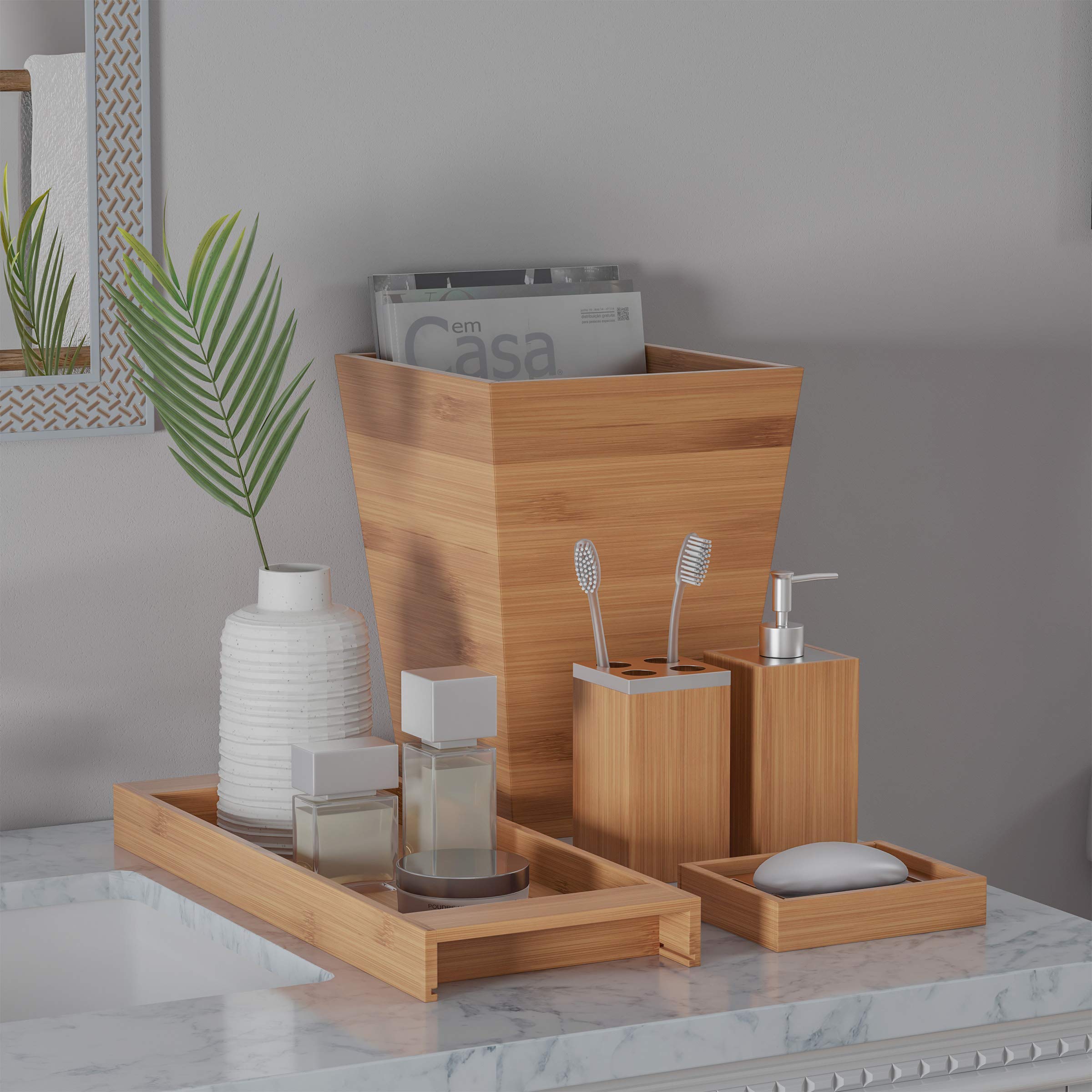 5-Piece Bamboo Bathroom Decor Set - Eco-Friendly Vanity Organizer with Waste Bin, Soap Dish, Dispenser & Toothbrush Holder by Lavish Home | Perfect for Spa-Style Bathrooms, Guest Suites & Modern Home Decor (Natural)