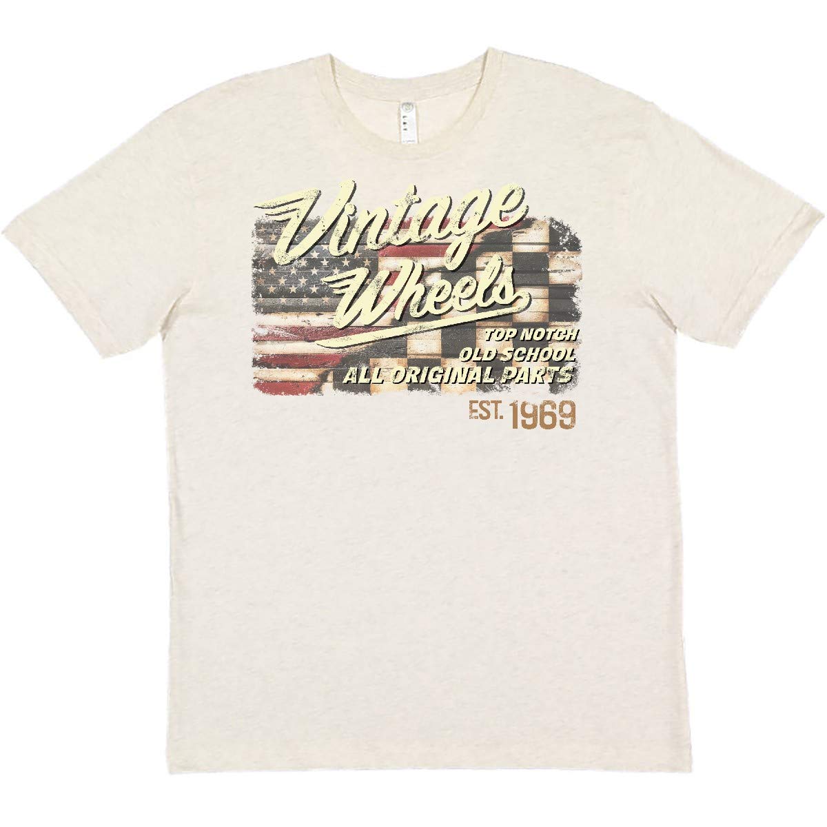 Vintage Wheels Over Top American Racing Flag Graphic T-Shirt for Men & Women - Retro Racing Design, Soft Cotton Tee - Perfect for Car Enthusiasts, Racing Fans & Casual Wear