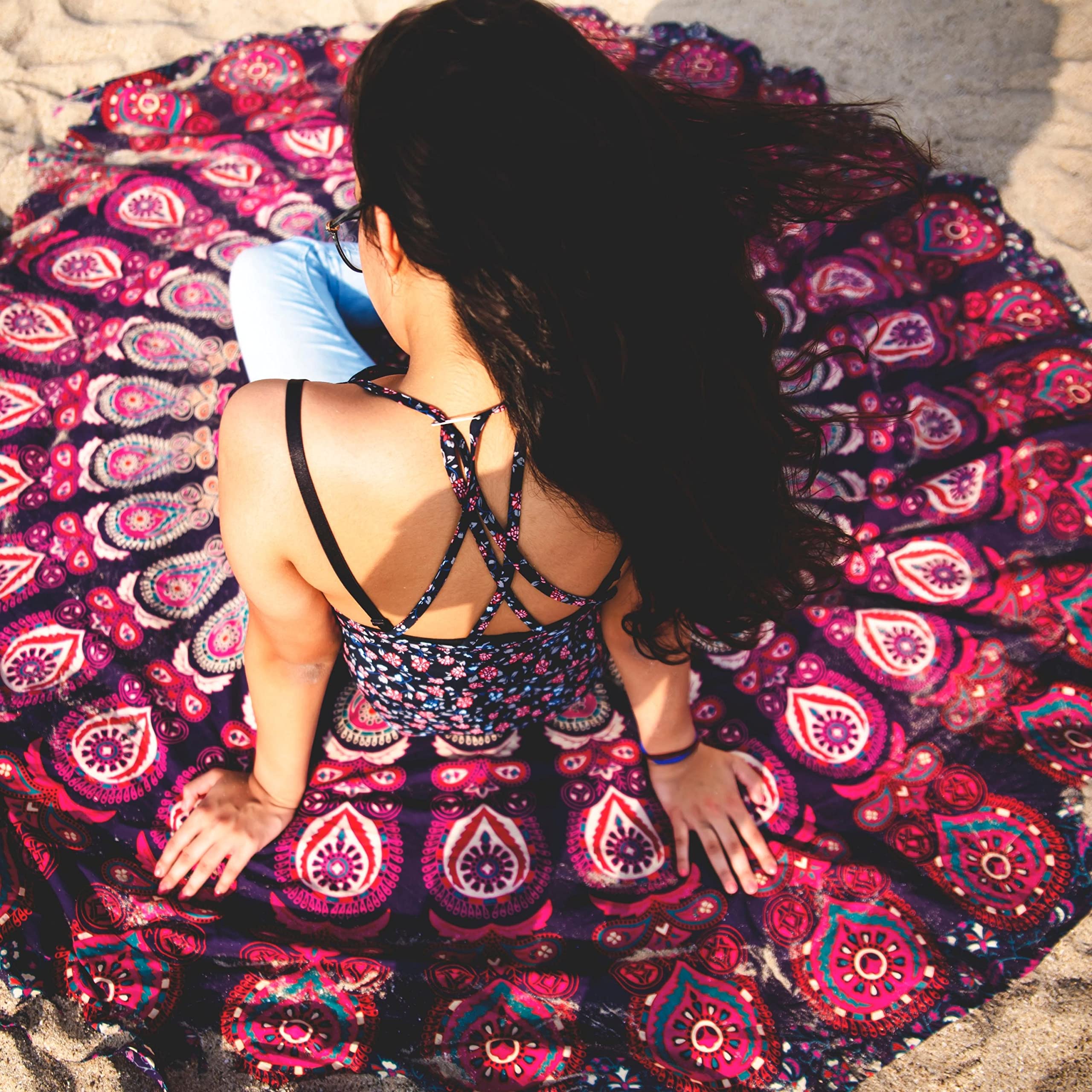 Folkulture Round Mandala Tapestry - 72 Inch Bohemian Beach Blanket, Yoga Meditation Rug, Boho Picnic Blanket & Hippie Home Decor in Pink & Purple - Perfect for Yoga Studios, Beach Outings, Boho Bedrooms & Meditation Spaces