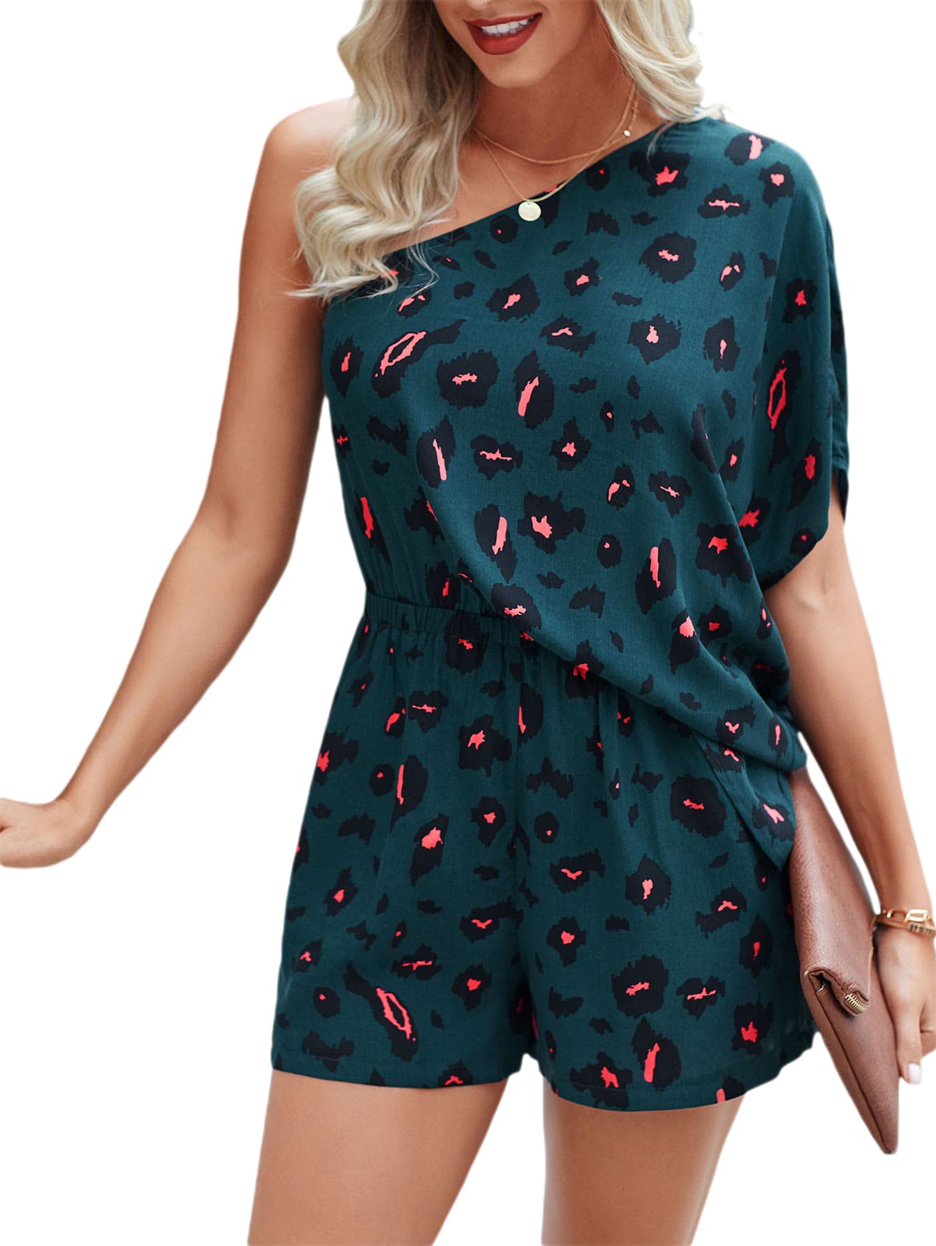 SheIn Women's One Shoulder Batwing Short Sleeve Romper - High Waist Jumpsuit for Summer, Beach, Party & Casual Wear | Trendy One-Shoulder Outfit for Women