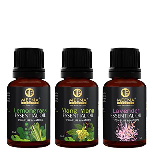 MEENA ELEMENTS Lemongrass Ylang Ylang Lavender Essential Oil Set - 3x15ml Aromatherapy Massage Oil for Skin Care, Relaxation & Hair Growth | Perfect for Spa, Yoga, Meditation & Bedtime Routine