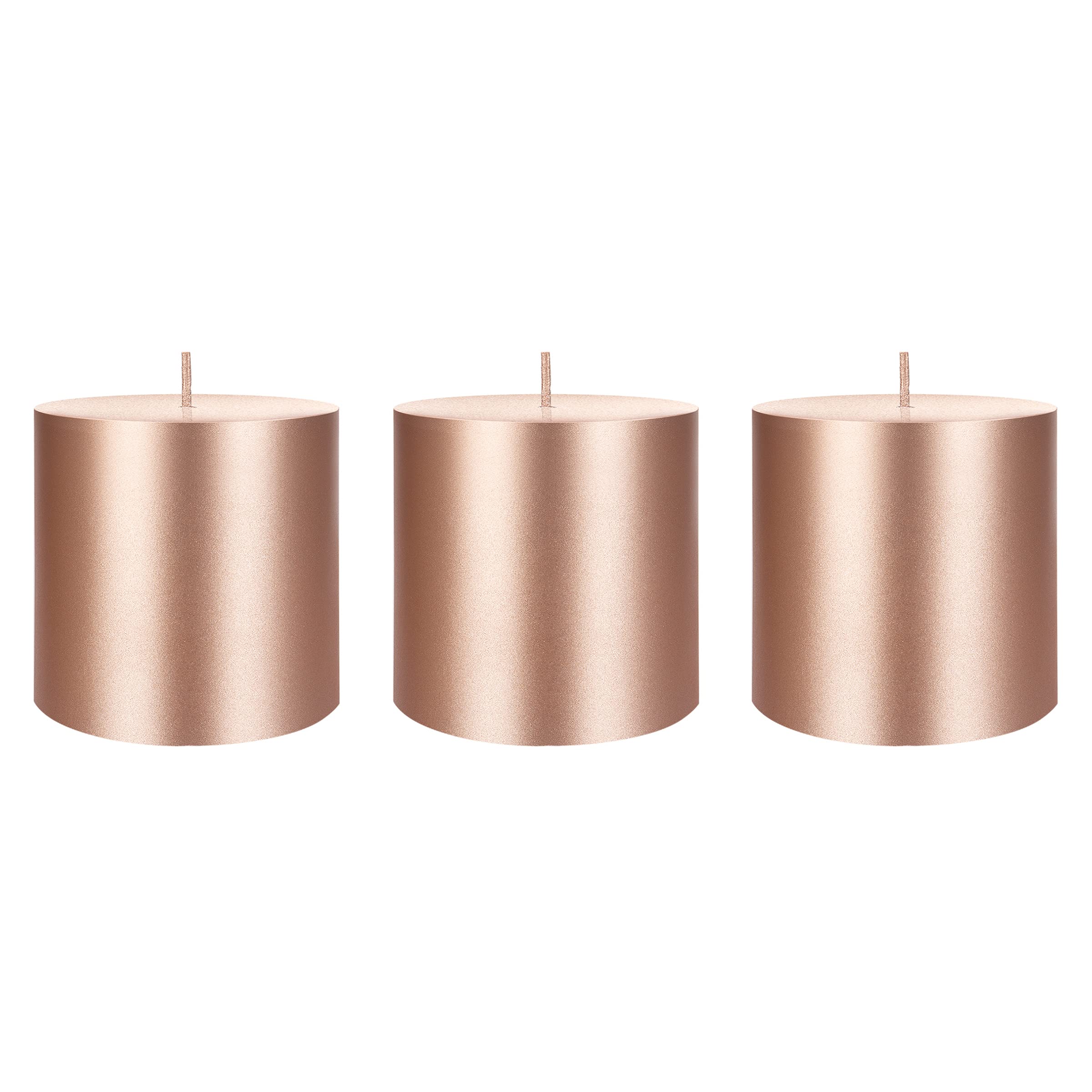 Premium Unscented Rose Gold Pillar Candles Set of 3 - 3x3 Inch Hand-Poured Wax Candles for Home Decor, Weddings, Spa Relaxation, Holiday Centerpieces & Prayer Vigils