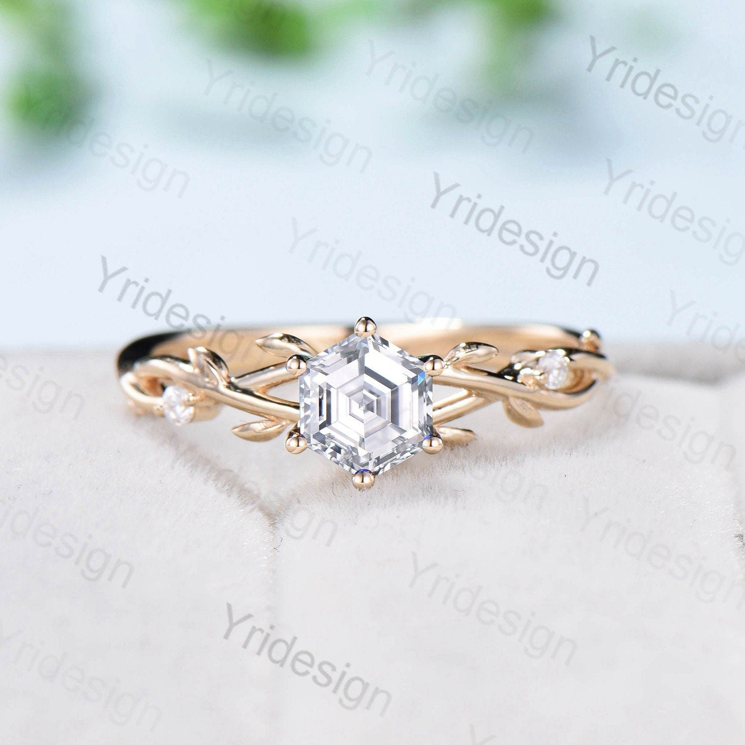 Hexagon Brilliant Moissanite Engagement Ring Set - Nature Inspired Leaf Branch Wedding Ring - Unique Twig Bridal Jewelry for Women - Perfect for Proposals, Anniversaries & Romantic Occasions
