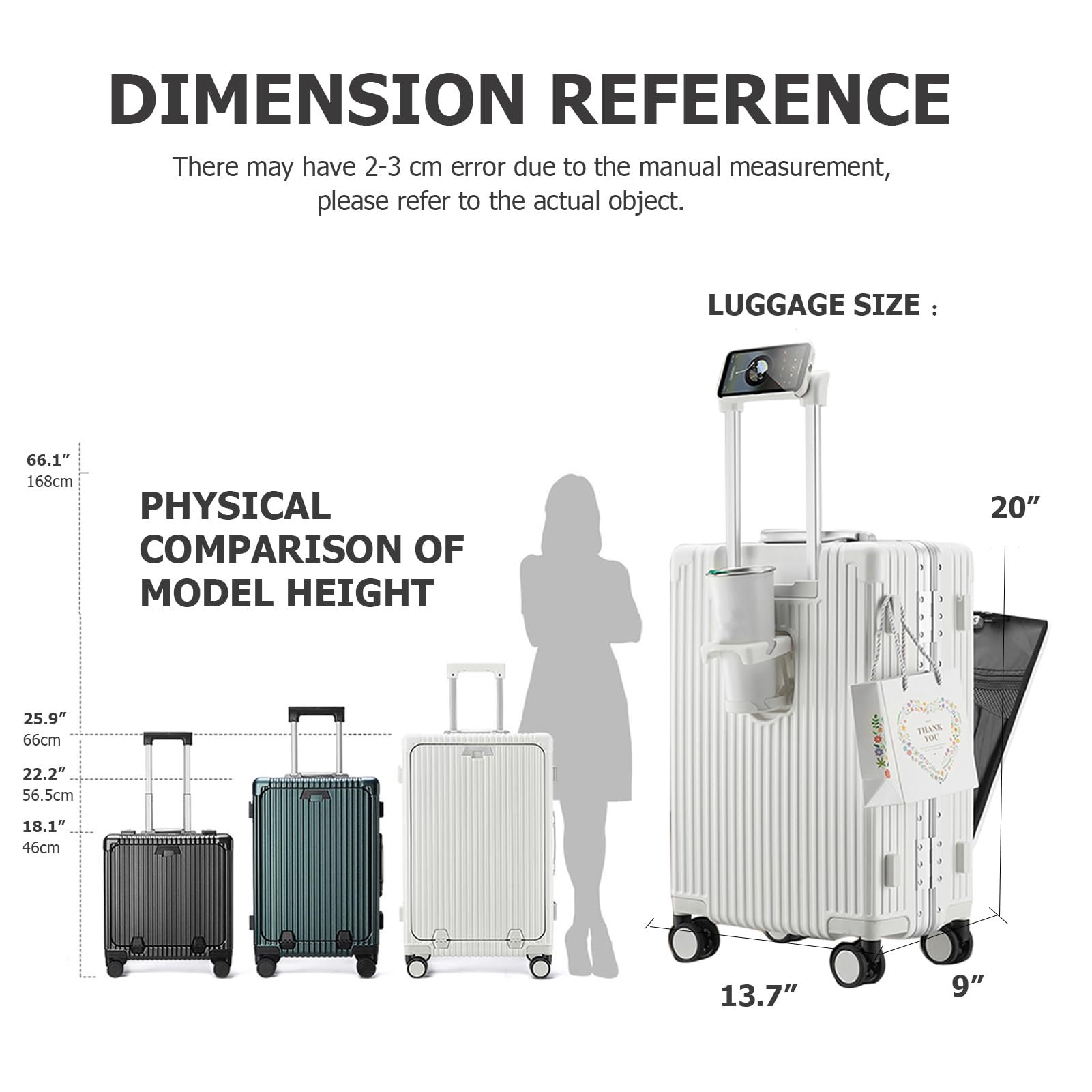Feilario 20 Inch Aluminum Frame Hardside Spinner Wheel Carry-On Luggage with TSA Lock, USB Port, Cup Holder & Phone Holder - Perfect for Air Travel, Business Trips & Weekend Getaways