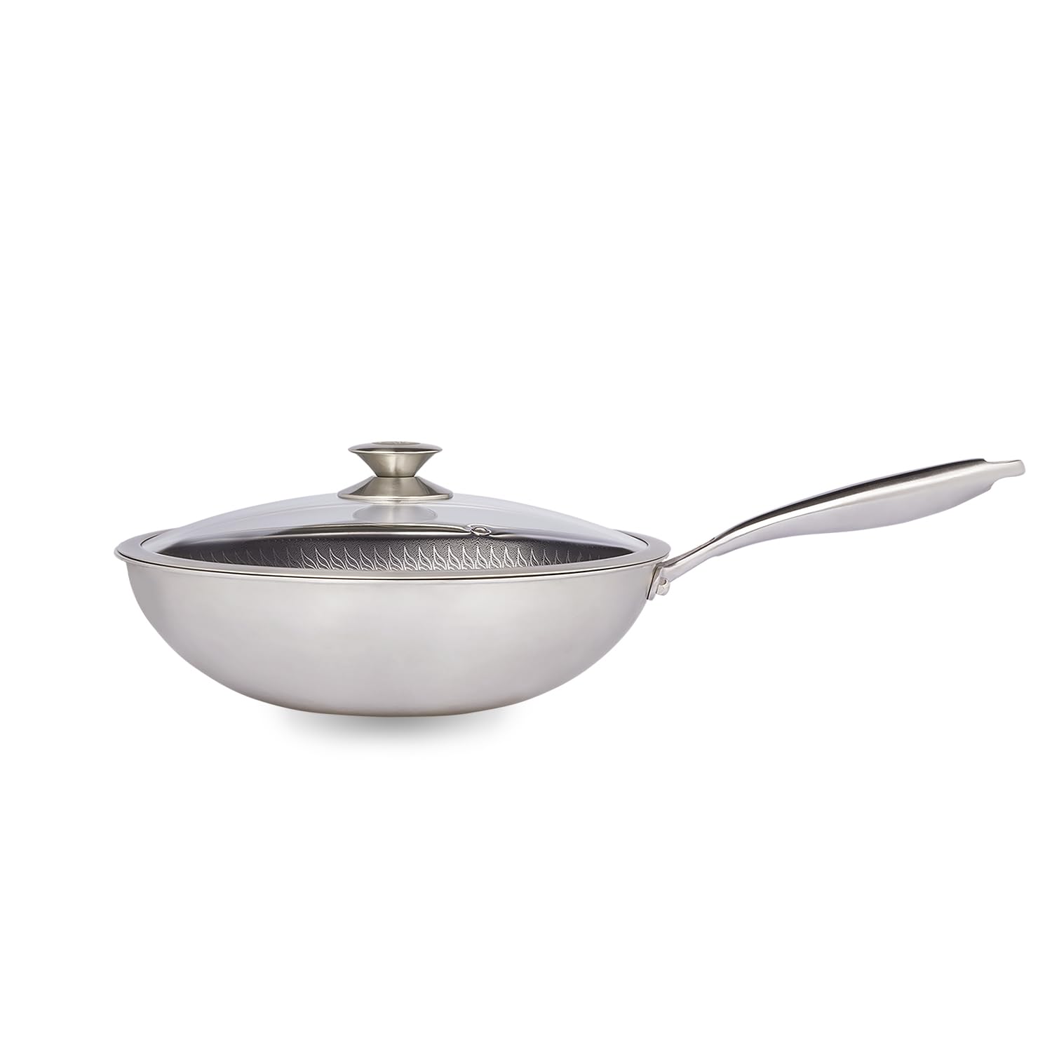 REISHUNGER Premium 11-Inch Stainless Steel Wok with Glass Lid, Induction Compatible, Honeycomb Structure & Non-Stick Coating – Perfect for Stir-Frying, Sautéing, and Asian-Style Cooking