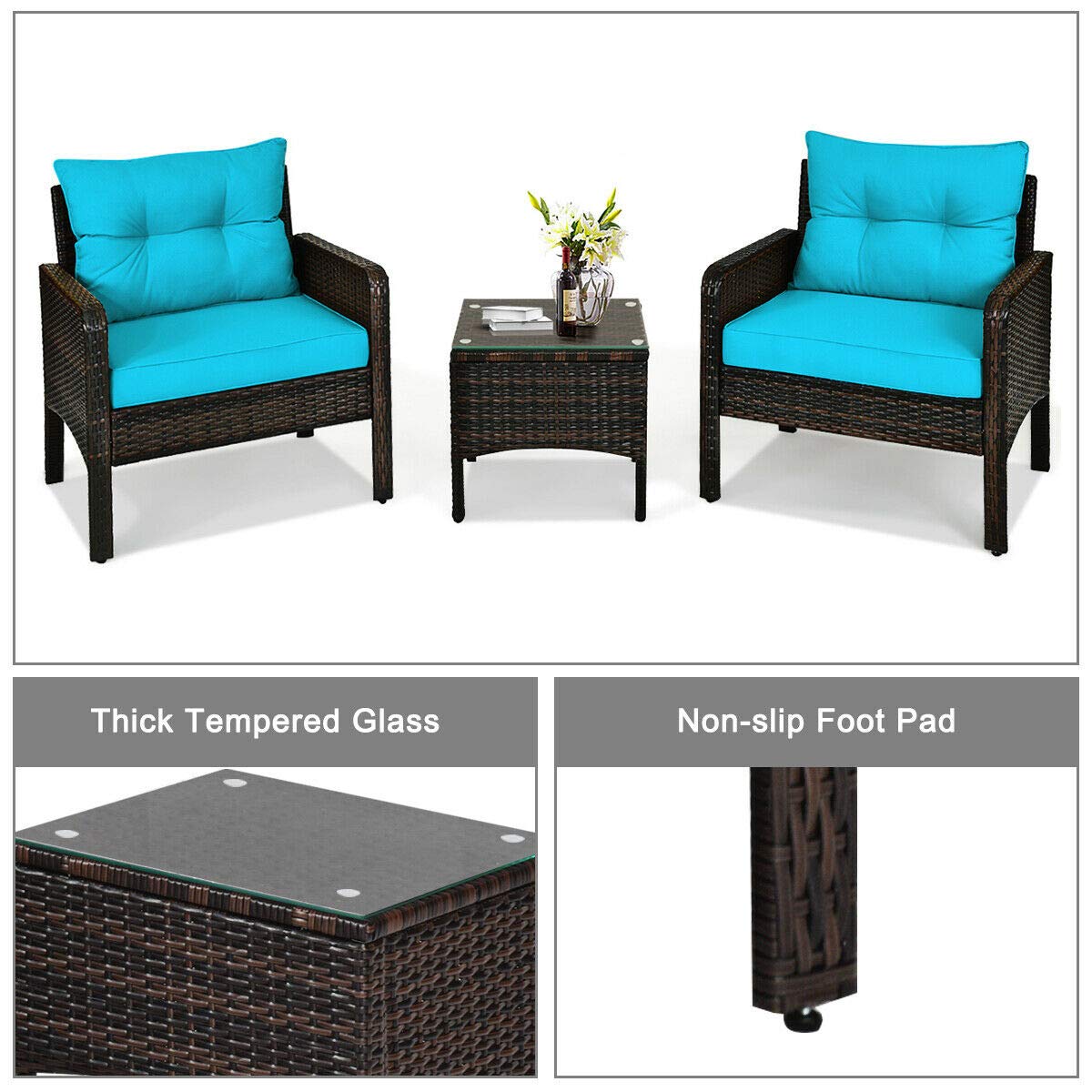 HappyGrill 3-Piece Outdoor Patio Furniture Set - Rattan Wicker Coffee Table & Chairs with Cushions - Weather-Resistant Garden, Balcony, Backyard & Poolside Conversation Set for Relaxing & Entertaining