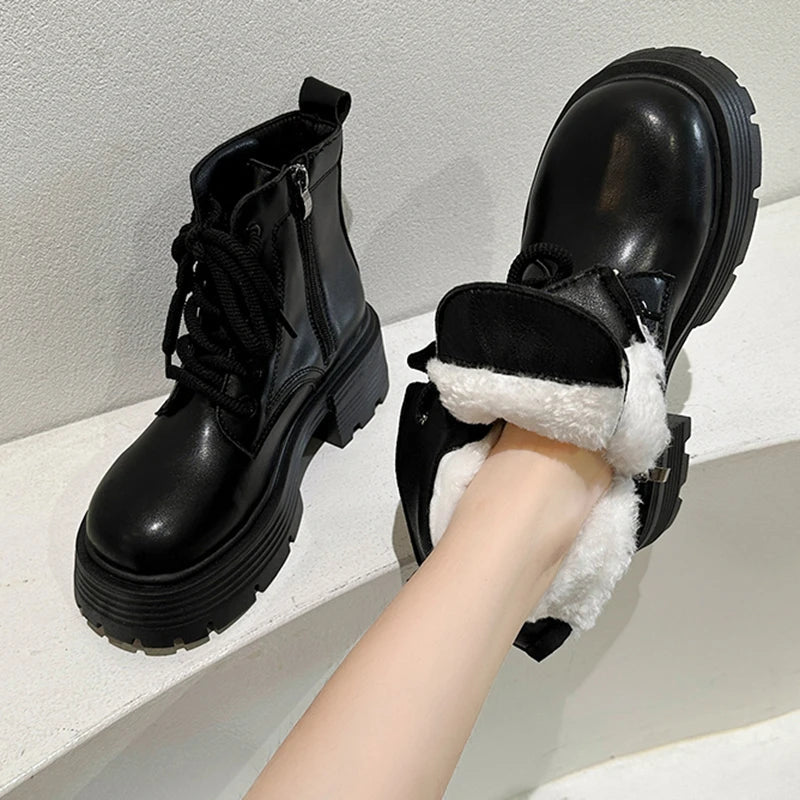 Women's Plush Warm Ankle Boots - Punk Chunky Platform Shoes with Non-Slip Thick Sole | Winter & Autumn Fashion Footwear for Motorcycle Riding & Casual Outfits
