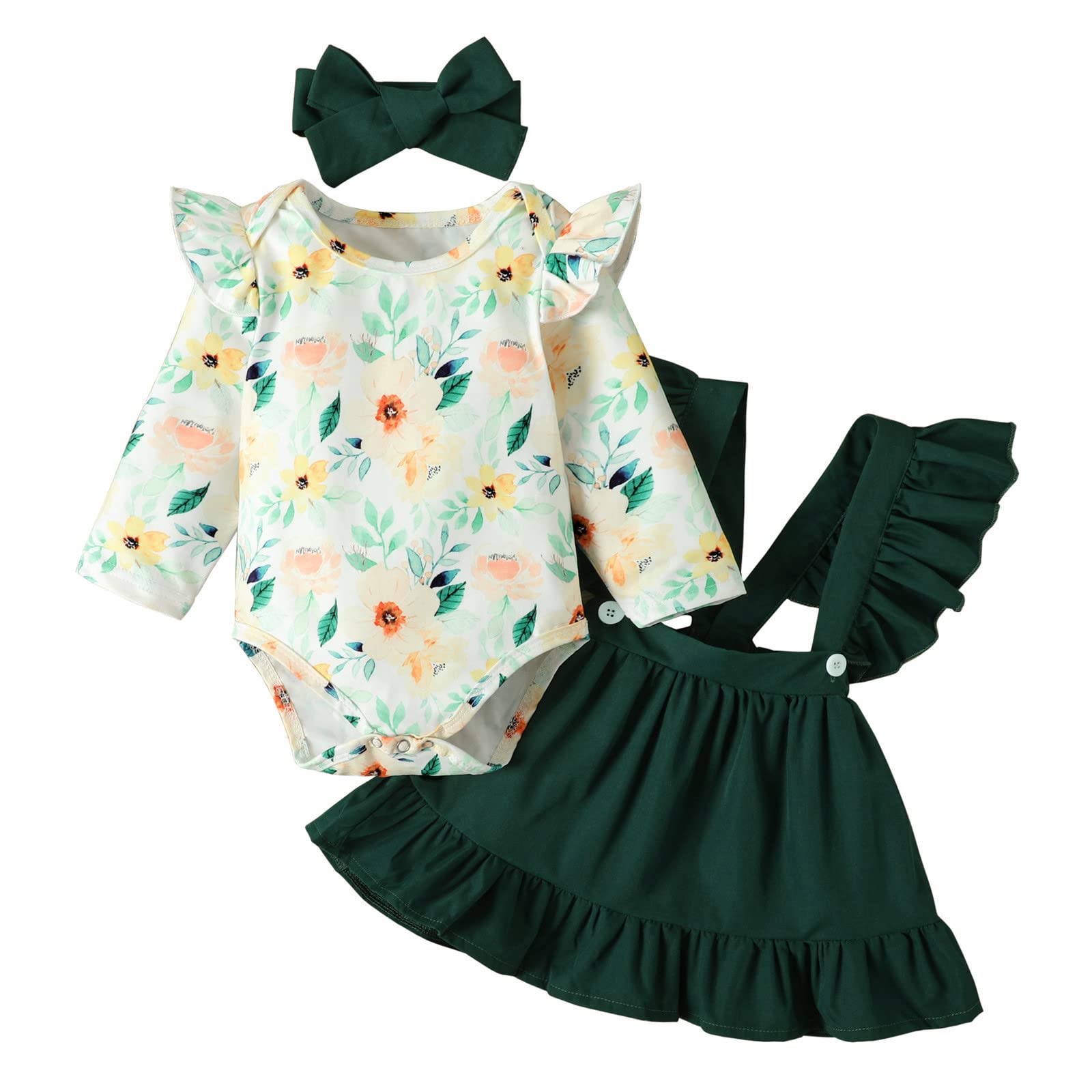 Floral 2-Piece Summer Outfit Set for Girls - Long Sleeve Romper Top with Ruffle Suspender Skirt & Headband | Cute Toddler Playwear, Birthday Party Dress, Photo Shoot Outfit | Perfect for Easter, Spring Photoshoots, Special Occasions, Everyday Playtime, Outdoor Activities & Family Gatherings
