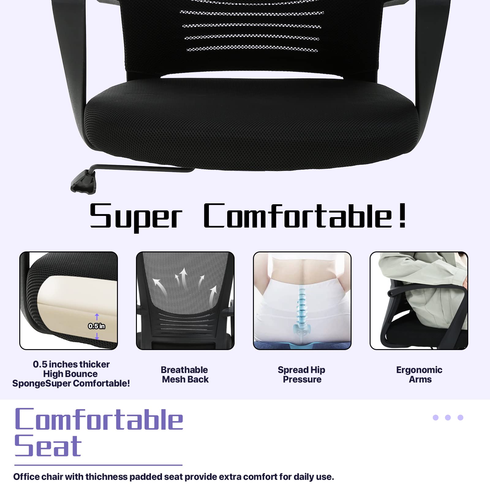 Ergonomic Mesh Office Chair with Lumbar Support & Adjustable Armrests - Heavy Duty Swivel Rolling Computer Desk Chair for Home Office, Study, or Gaming - Black
