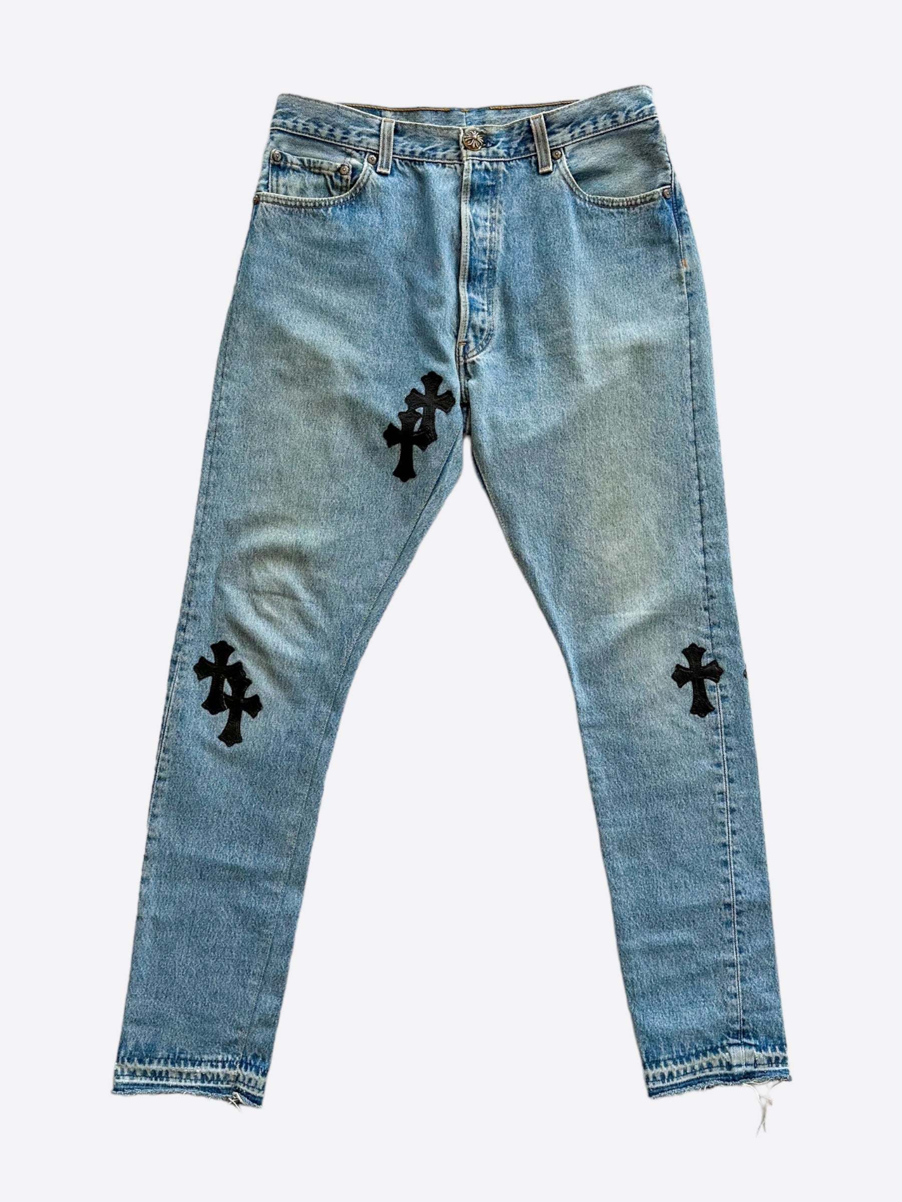 Chrome Hearts x Levi's Blue Cross Patch Denim Jeans for Men & Women - Vintage Style Distressed Skinny Jeans - Perfect for Casual Outfits, Streetwear & Night Out