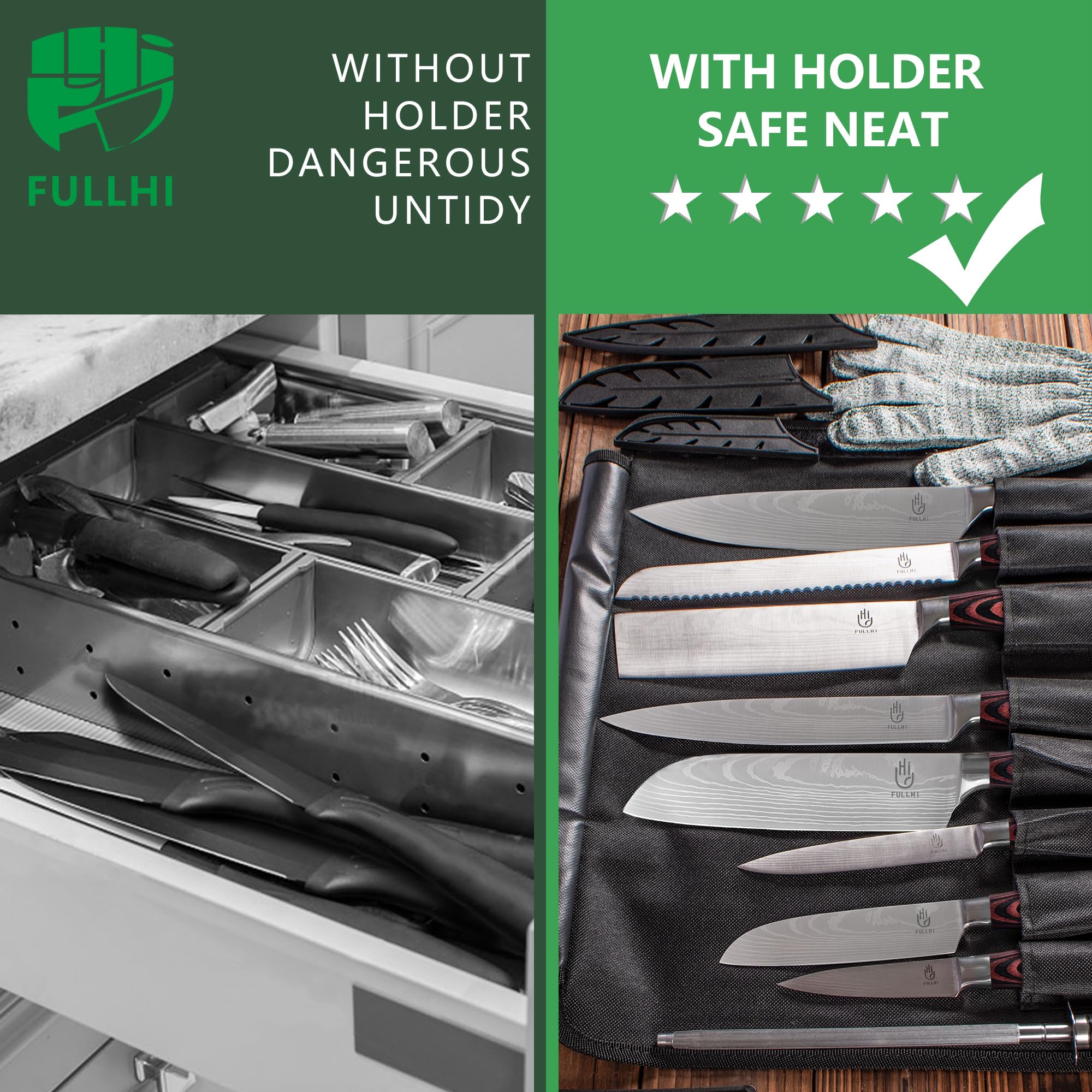 Premium 15-Piece Japanese Knife Set with Magnetic Block Holder - German Stainless Steel Kitchen Knives for Professional Chefs & Home Cooking - Perfect for Slicing, Dicing & Food Prep