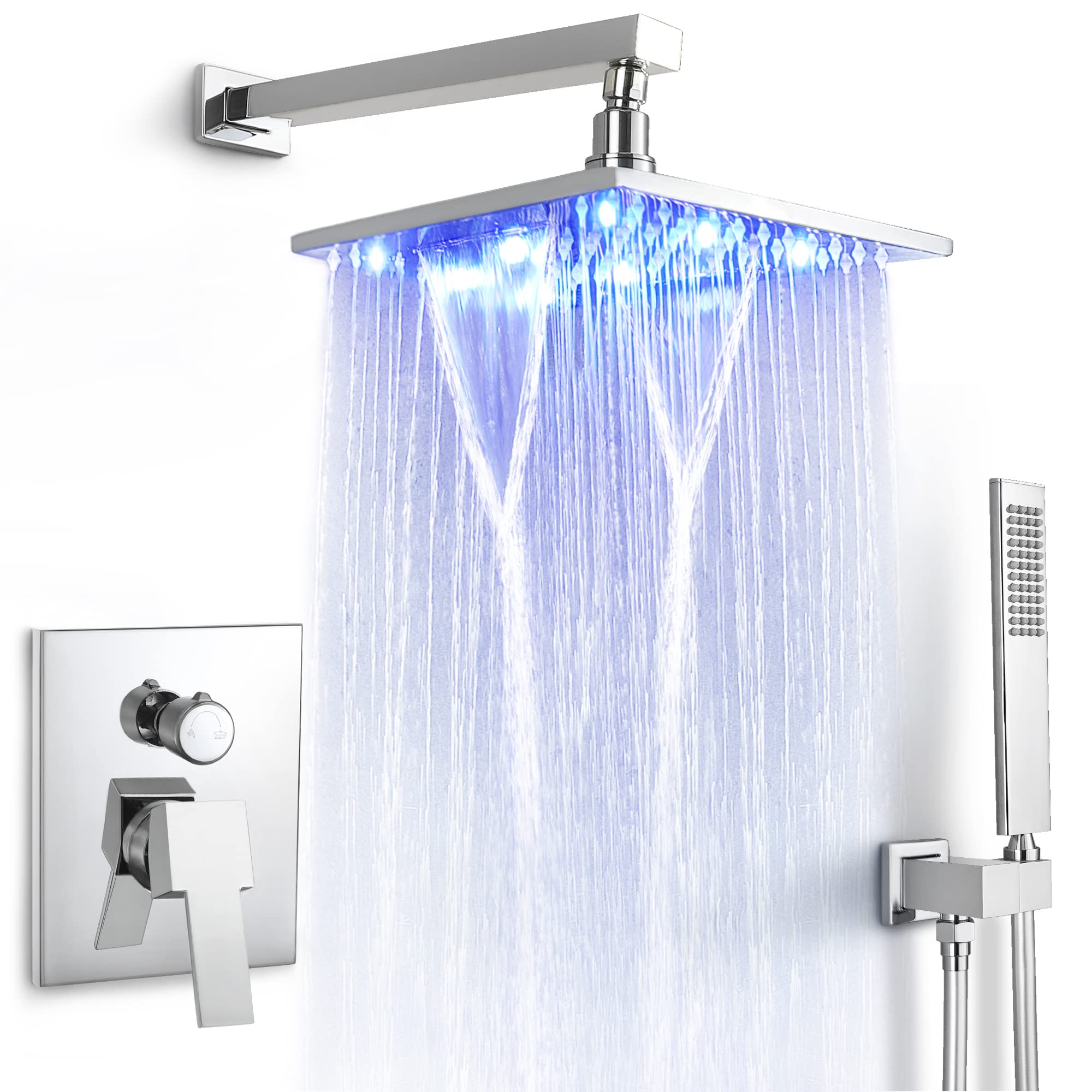 SKOWLL Rainfall Shower System - 10 Inch Wall Mounted Shower Head with Handheld Spray, Solid Brass Pressure Balancing Mixer Valve in Polished Chrome - Perfect for Luxurious Spa-Like Bathroom Experience