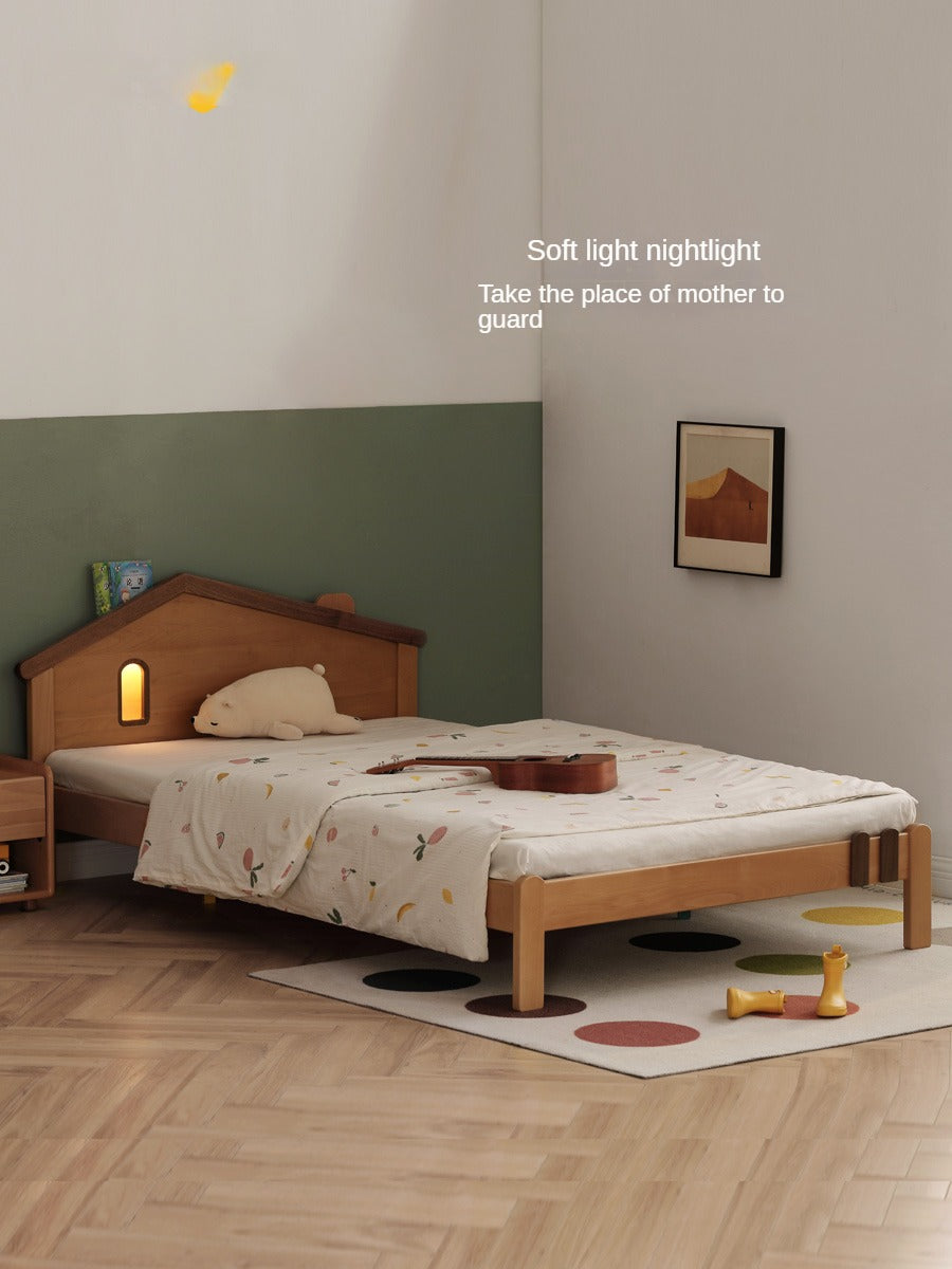 Kids Wooden Bed with Night Light - Beech & Poplar Little House Design with 15-Minute Auto Light Off - Perfect for Bedrooms, Playrooms & Cozy Sleep Spaces