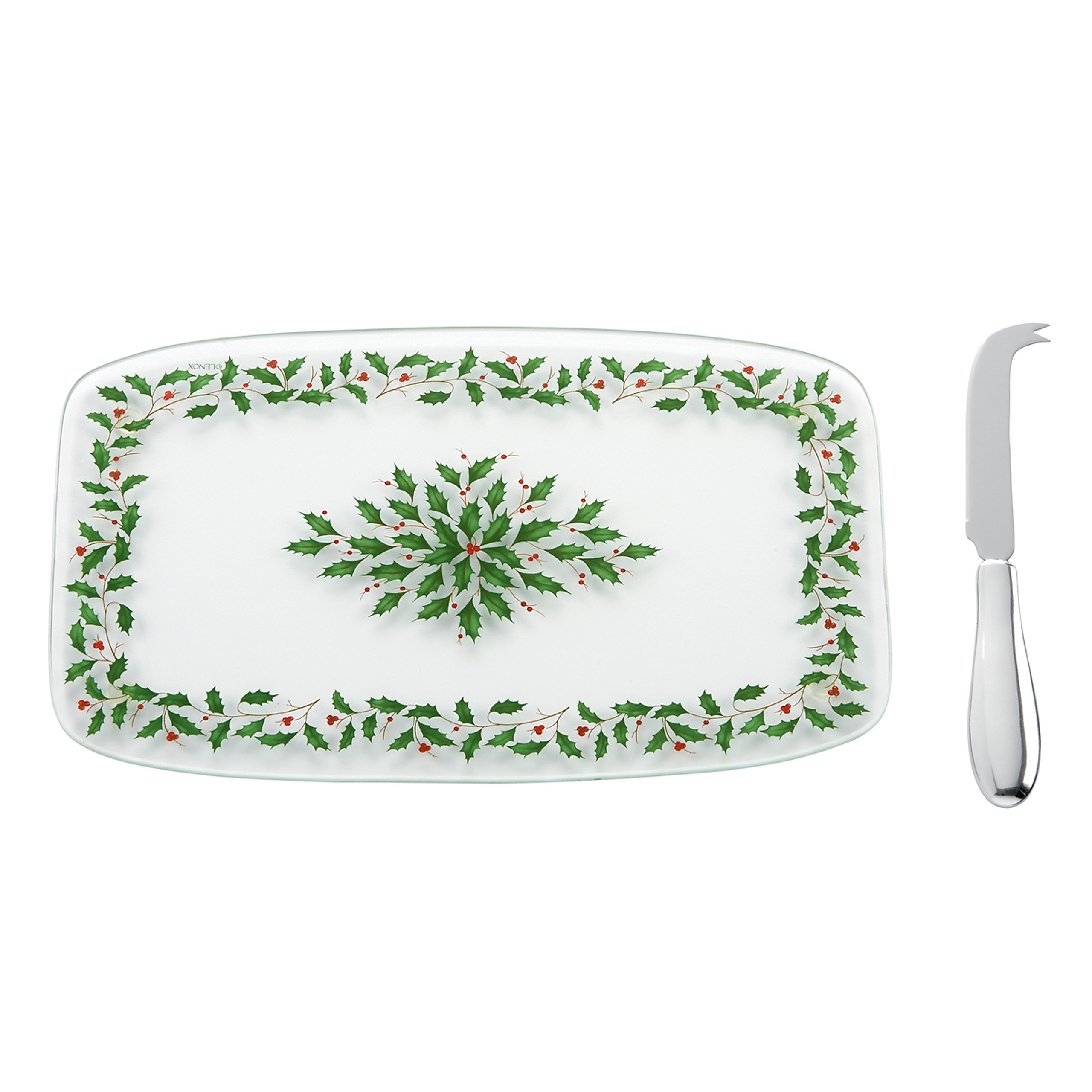 Lenox Holiday Glass Cheese Board with Knife - Elegant Serving Tray for Christmas, Thanksgiving & Entertaining - Perfect for Cheese, Charcuterie & Appetizers