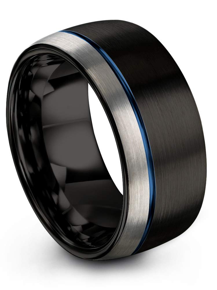 10mm Tungsten Carbide Wedding Band Ring for Men & Women - Blue Black Offset Line, Dome Grey Exterior, Half Brushed Polished - Custom Engraved for Anniversary & Engagement - Perfect for Everyday Wear, Special Occasions & Gift Giving