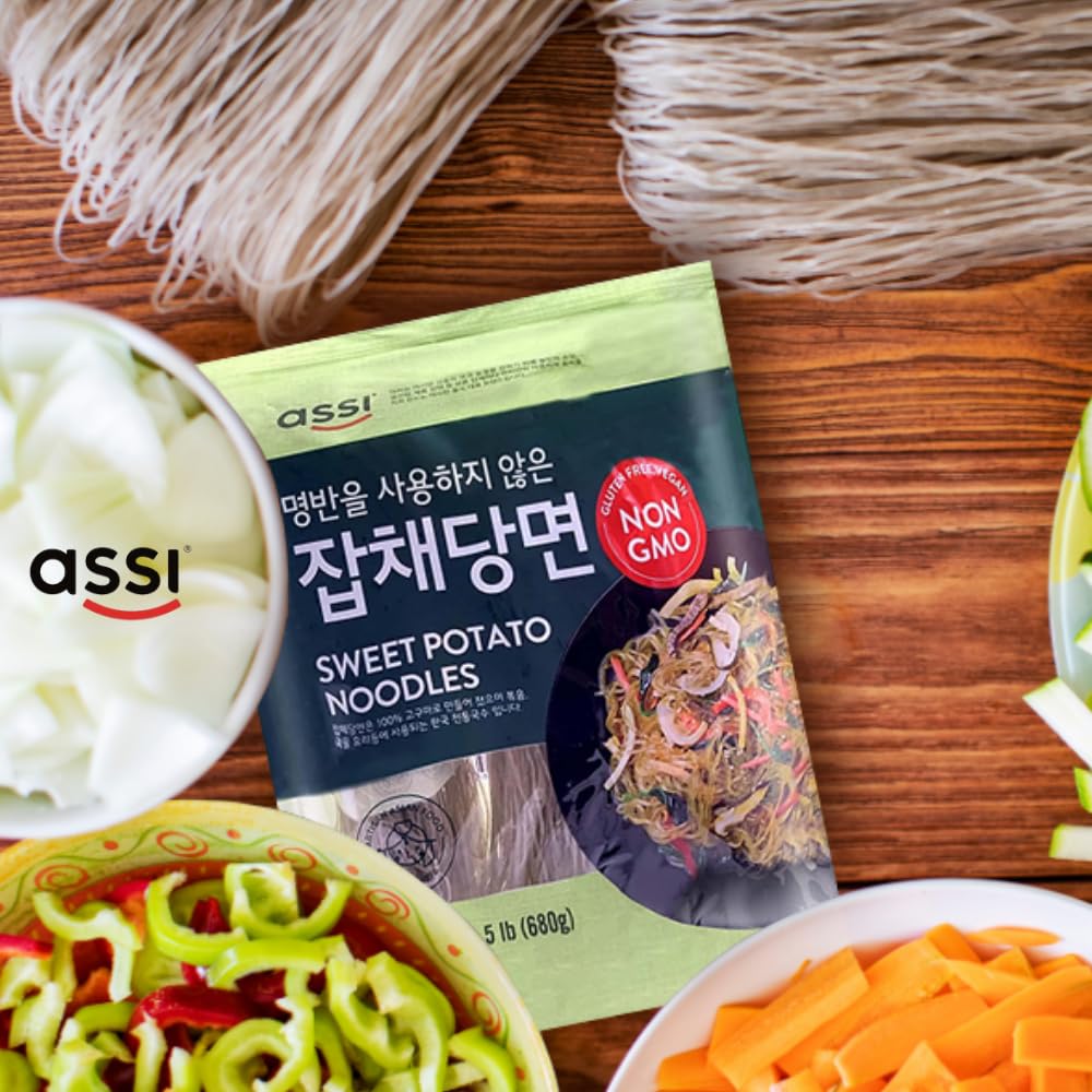 ASSI Japchae Sweet Potato Noodles, 1.5LB (680g) - Korean Glass Noodles for Stir Fry & Salad | Includes 2 Free Coffee Spoons | Perfect for Asian Cooking, Meal Prep & Healthy Eating