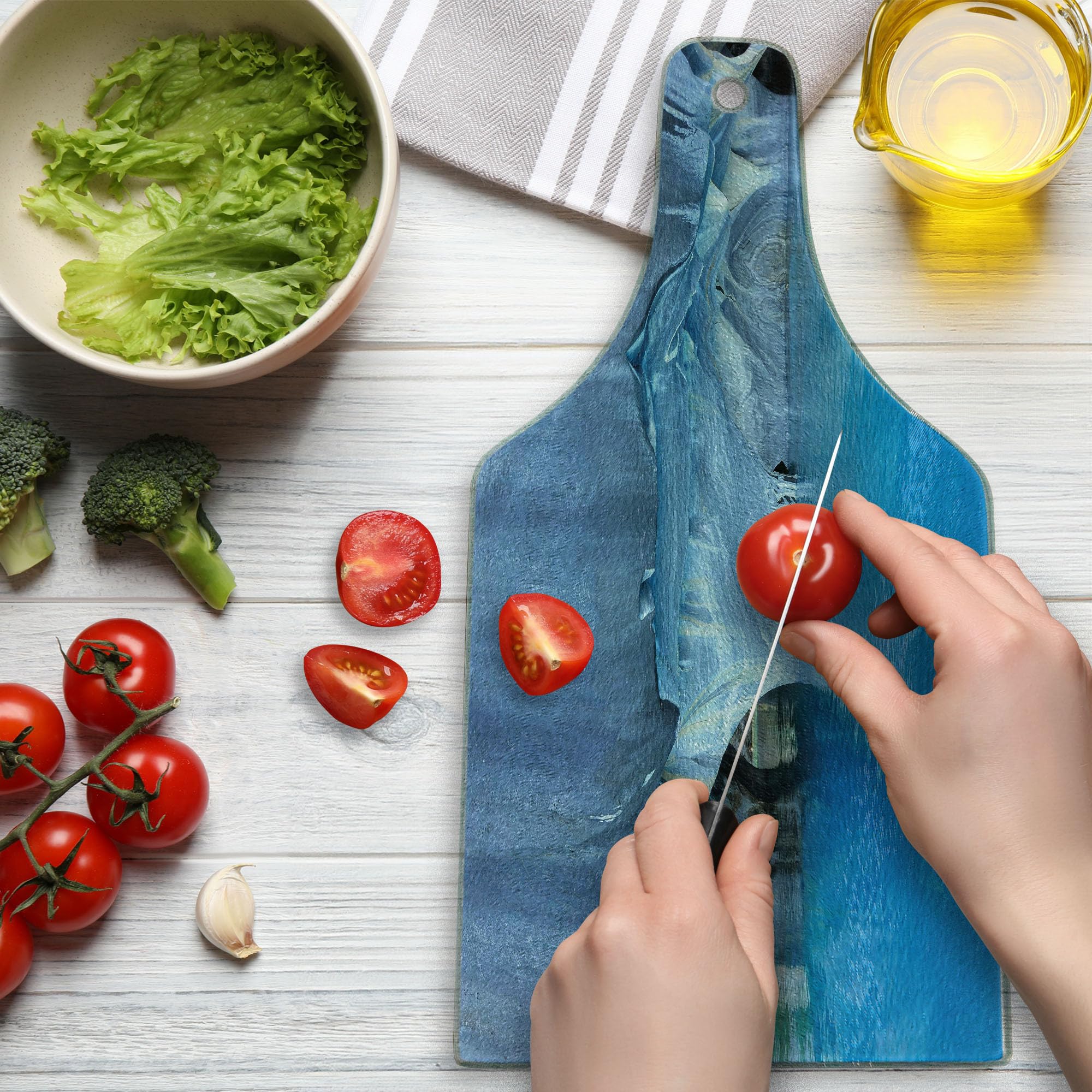 Ambesonne Blue Marble Glass Cutting Board - Chile Carrera Lake Inspired, Tempered Glass Serving Board for Kitchen, Wine Bottle Shape - Perfect for Charcuterie, Cheese, and Entertaining (Blue, Purple, Grey, White)