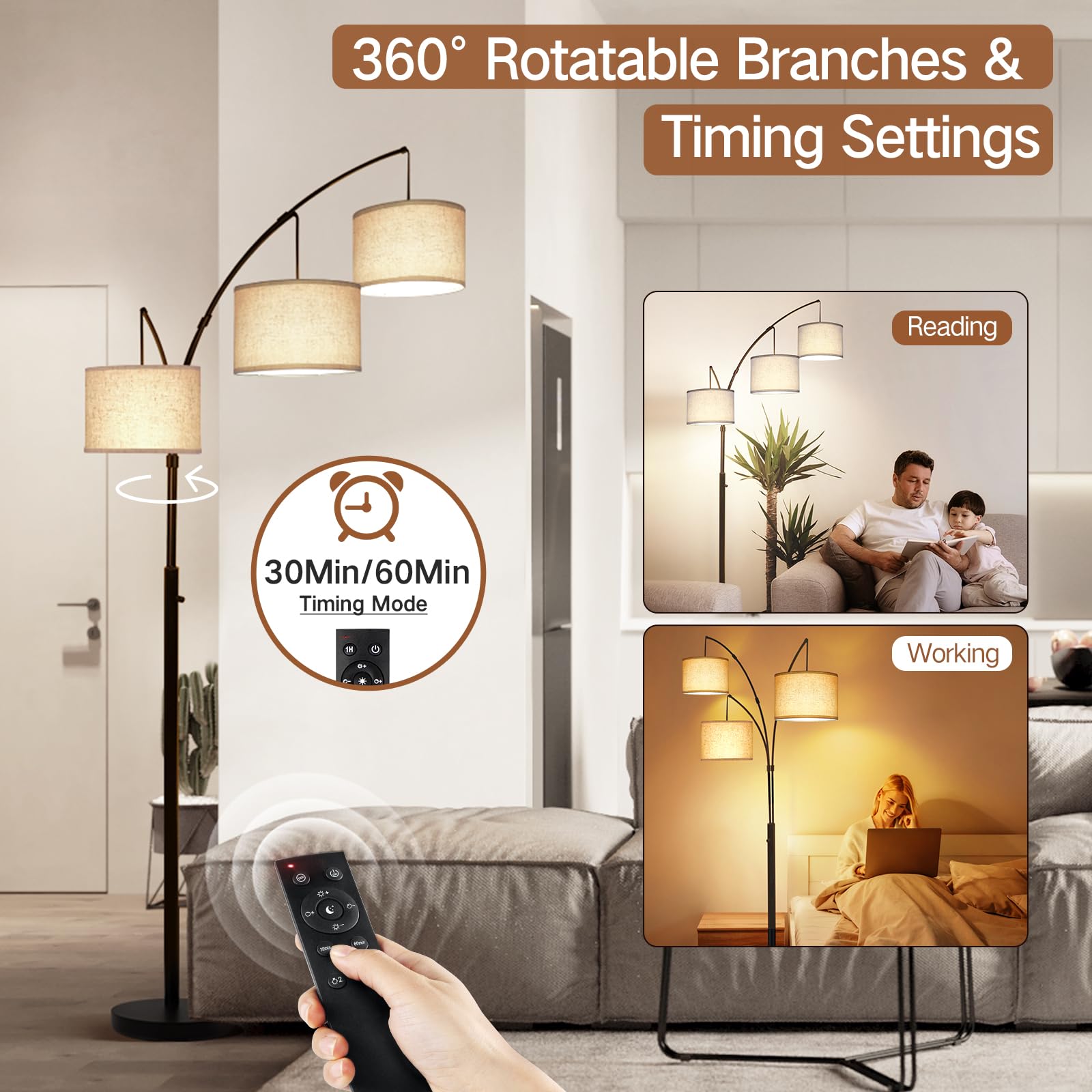 OUTON Arc LED Floor Lamp with Remote Control - Dimmable Modern Black 3-Light Arched Tall Standing Lamp | Adjustable Mid-Century Design for Bedroom, Office & Living Room | Beige Lampshade | Perfect for Reading, Working & Creating Ambient Lighting