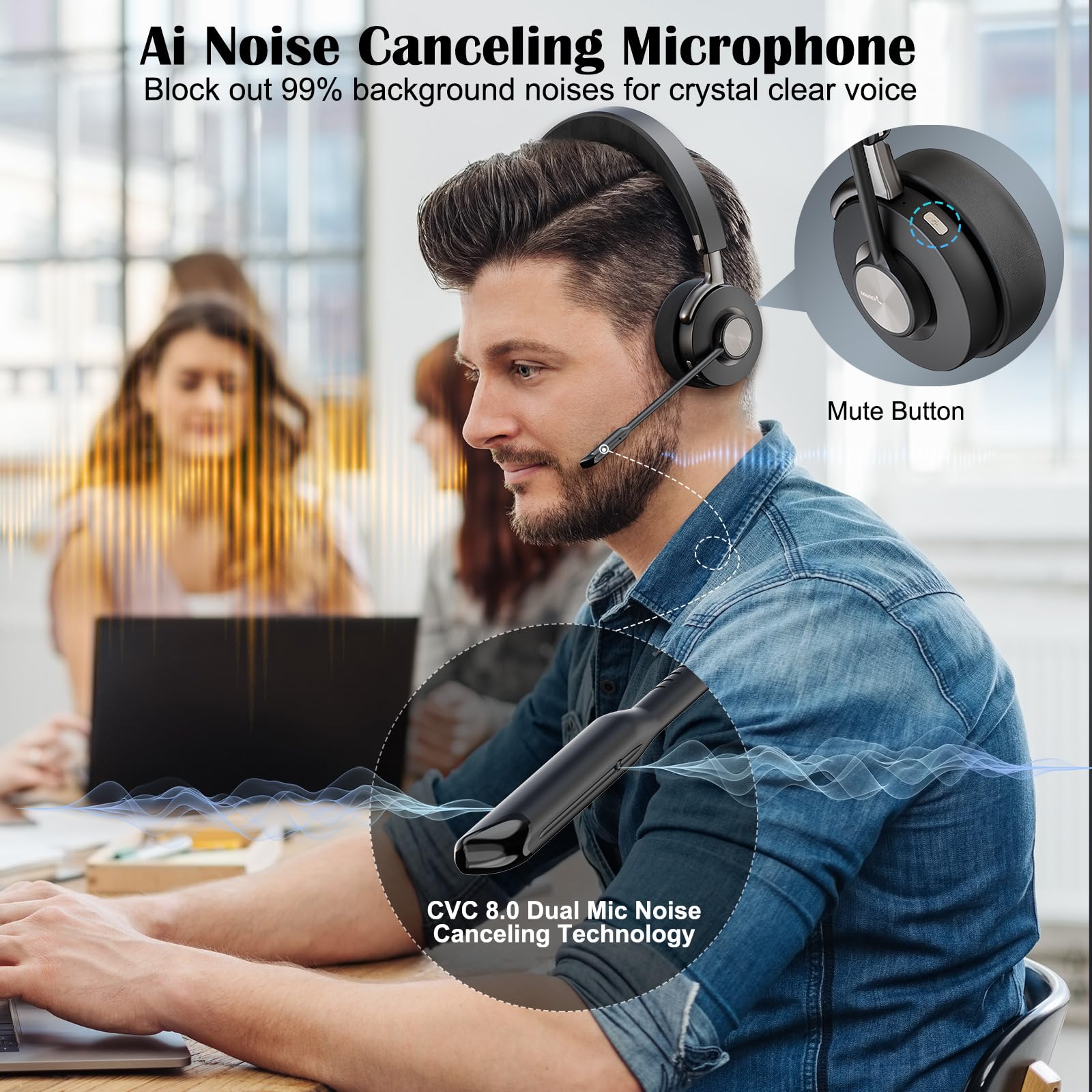 MAIRDI Wireless Bluetooth Headset with Microphone - AI Noise Cancelling for PC, Laptop, Phone - 40 Hours Battery Life - Perfect for Office, Call Center, Remote Work & Online Meetings (Teams, Zoom, Skype)