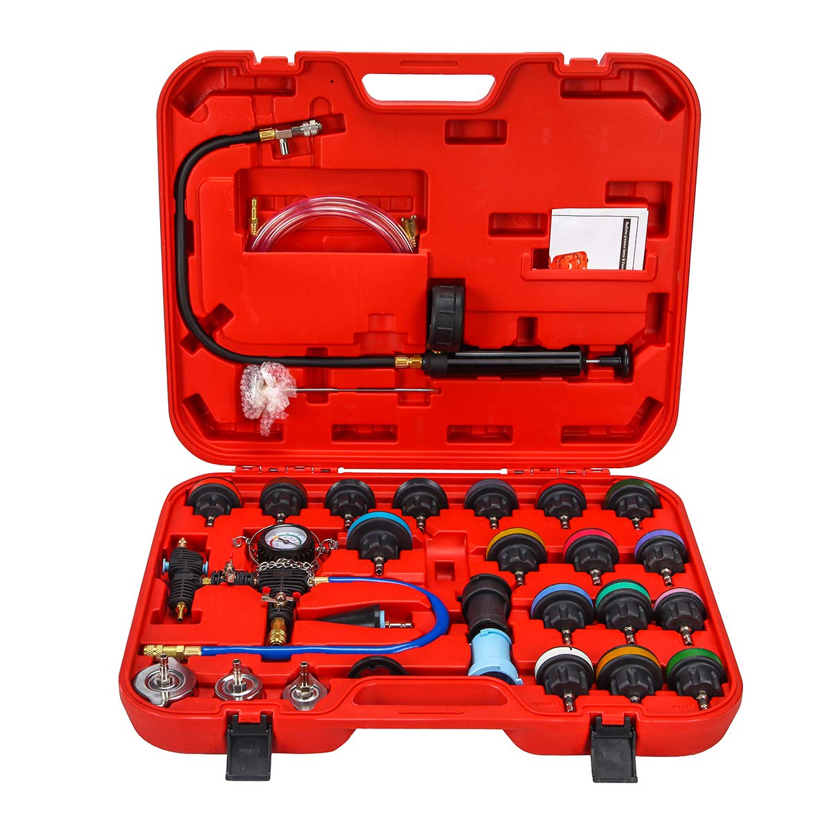28-Piece Universal Radiator Pressure Tester & Vacuum Cooling System Kit with Toolbox - Compatible with Cars, Trucks & Motorcycles - Perfect for Auto Repair Shops & DIY Mechanics