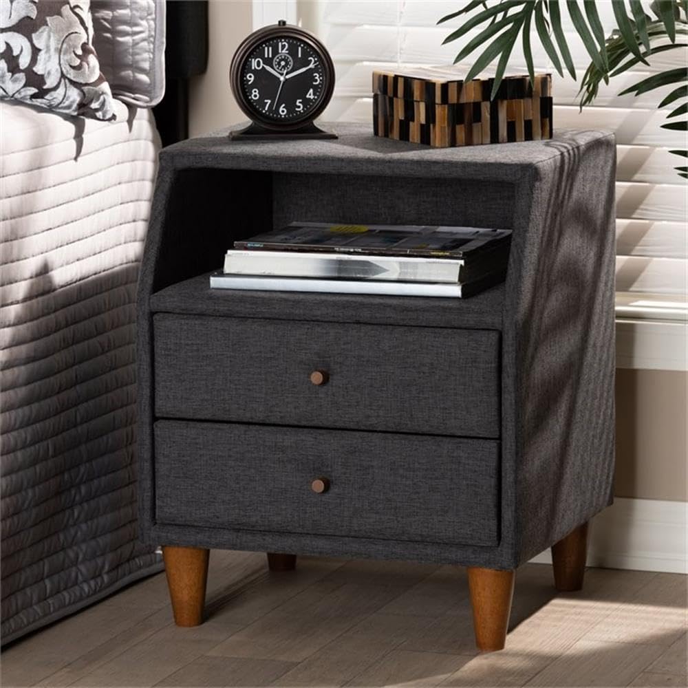 Baxton Studio Claverie Mid-Century Modern Nightstand - Charcoal Fabric Upholstered 2-Drawer Wood Bedside Table for Bedroom Furniture & Home Decor