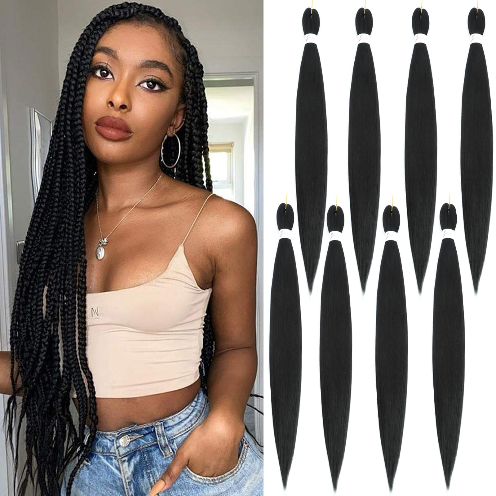 Pre-Stretched Ombre Braiding Hair for Crochet & Twist Braids - 30 Inch (8 Packs) 1B Color - Soft & Tangle-Free Synthetic Hair for Black Women - Perfect for Protective Styles, Box Braids & Salon Use