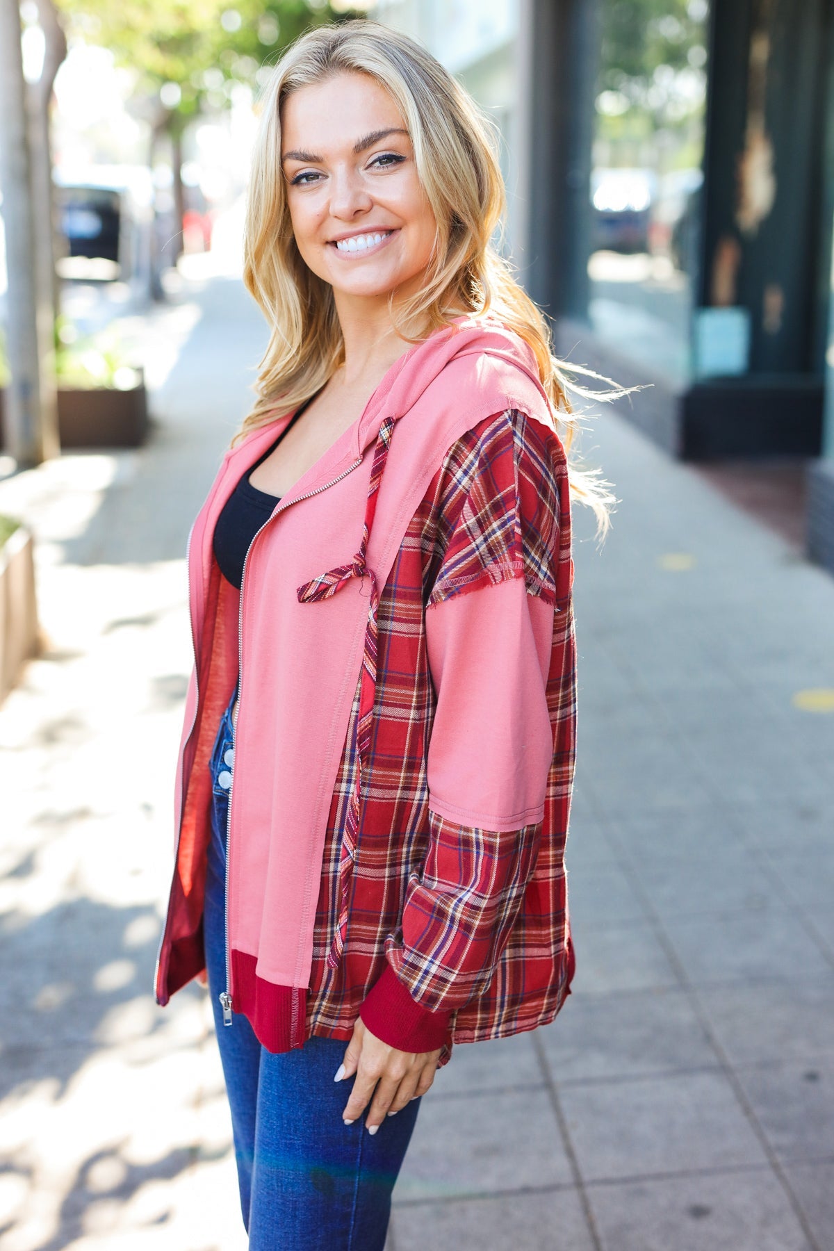 Stylish Marsala Plaid Color Block Zipper French Terry Hoodie for Women | Cozy Fall & Winter Outerwear | Perfect for Casual Outings, Lounge Wear and Street Fashion