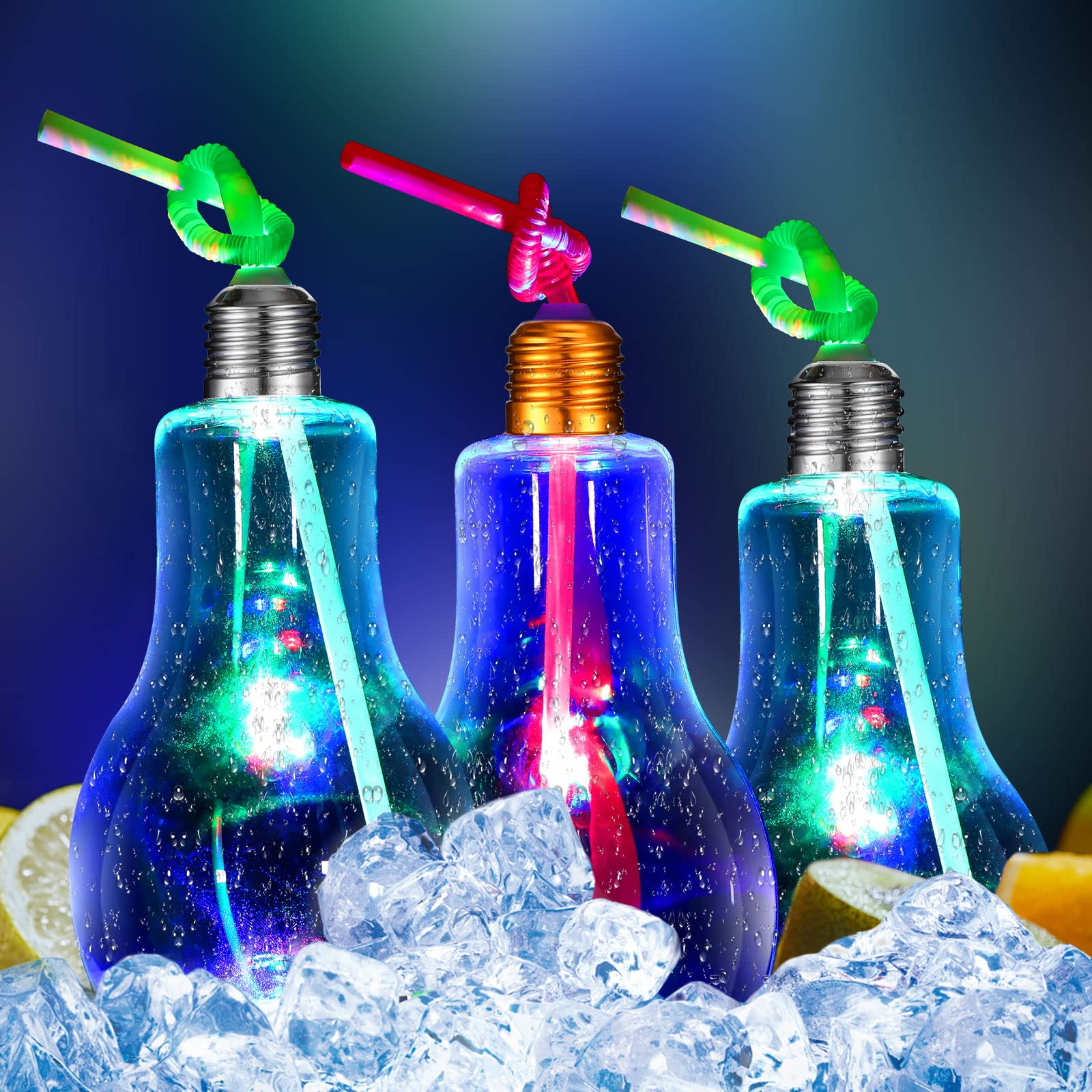 LED Light Up Drinking Glasses - 12-Pack Glow in the Dark Plastic Cups with Lids & Straws (500ml) - Fun Party Favors, Nightclub Drinks, Poolside Beverages & Halloween Cocktail Accessories