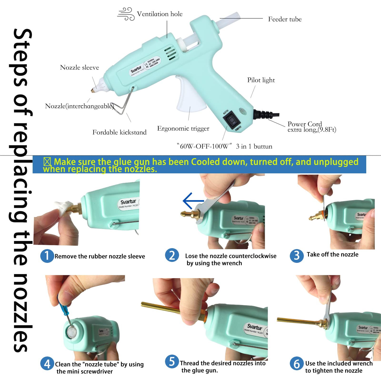 60W/100W Dual Power Full Size Hot Glue Gun Kit with 2 Nozzles & 15 Glue Sticks - Industrial Strength High Temp Glue Gun with 9.8ft Extra-Long Power Cord & Case - Perfect for DIY Crafts, Home Repairs, Woodworking & School Projects (Green)