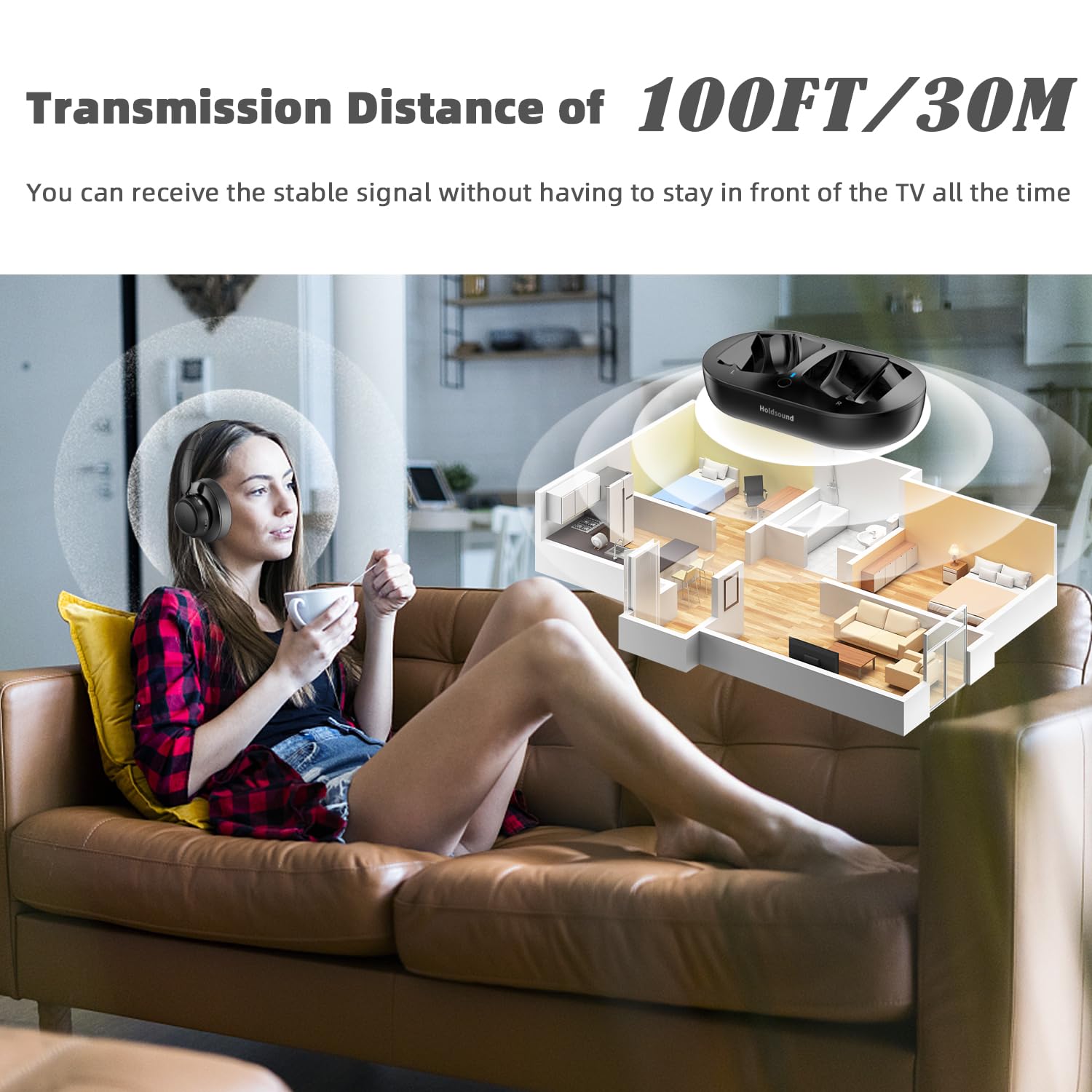 Wireless TV Headphones BKM500 with Transmitter (Optical/AUX/RCA) - Plug & Play, 35H Battery, 3 EQ Modes - Perfect for Late Night TV Watching & Hearing Impaired Users