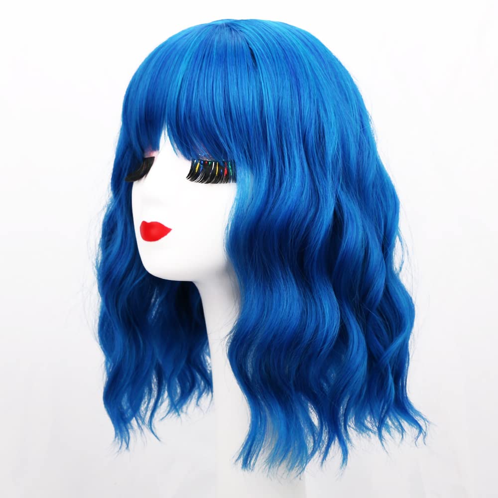 Bob Wig with Bangs - Shoulder Length Loose Wavy Synthetic Hair Cosplay Wig in Vibrant Blue | Perfect for Halloween Costumes, Cosplay Events & Themed Parties