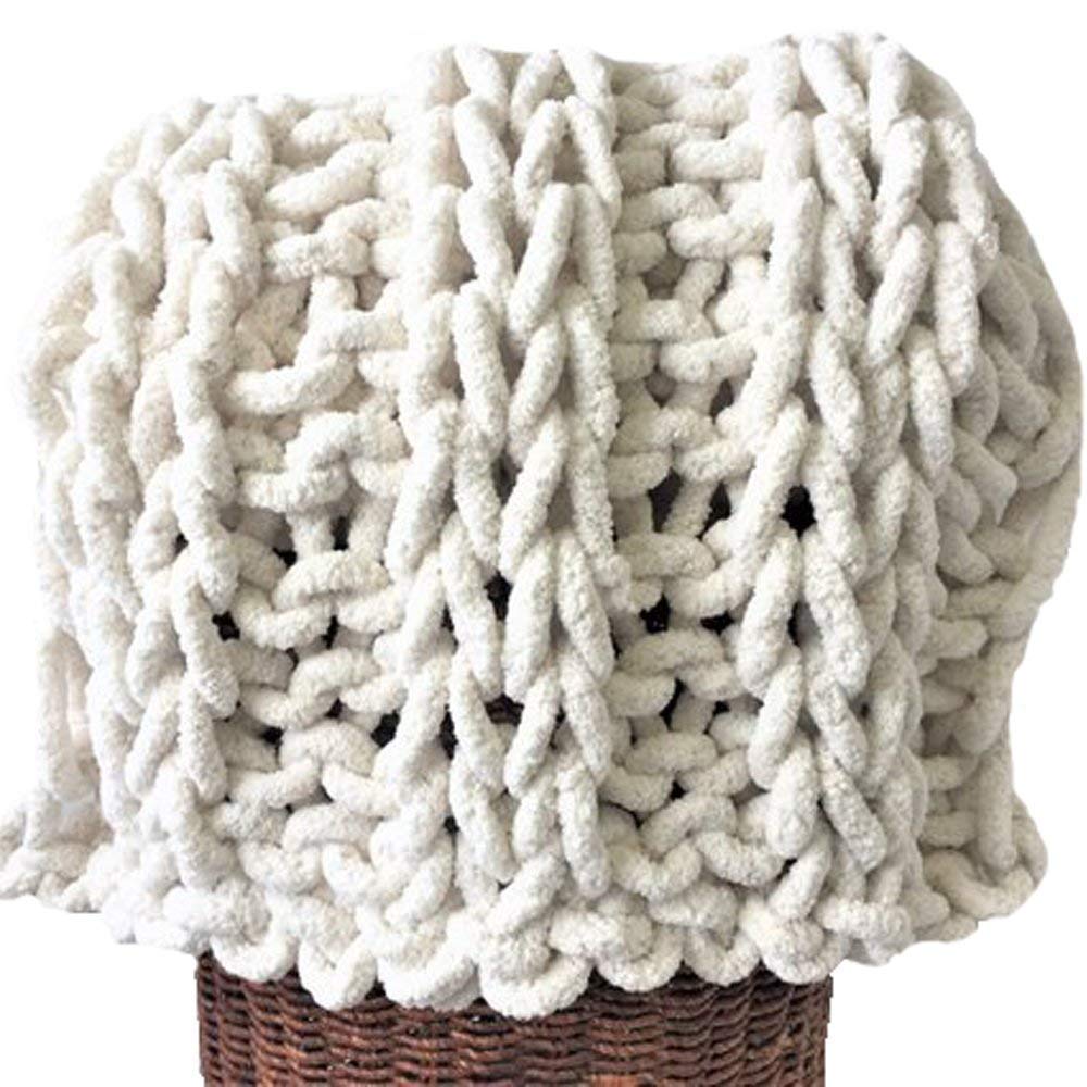 CLISIL Handmade Chunky Chenille Throw Blanket - Rice White Fluffy Hand Crochet Chenille Blanket 40x80 Inches - Soft Cozy Blanket for Bed, Couch, Sofa Decor & Winter Warmth