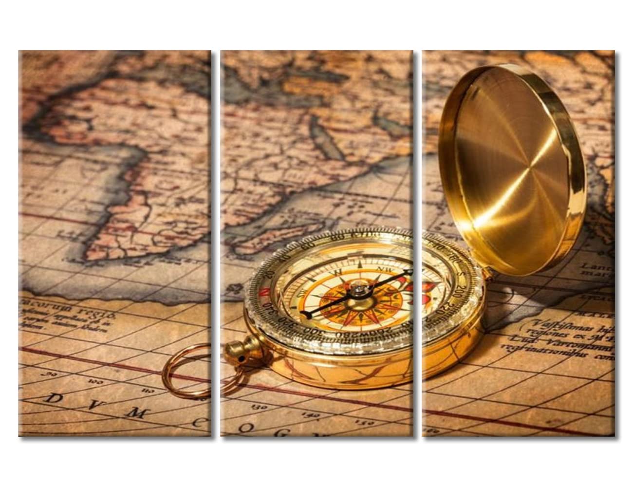 TUMOVO Golden Compass & Retro World Map Canvas Wall Art - Multi Panel Vintage Wooden Framed Picture Print (60