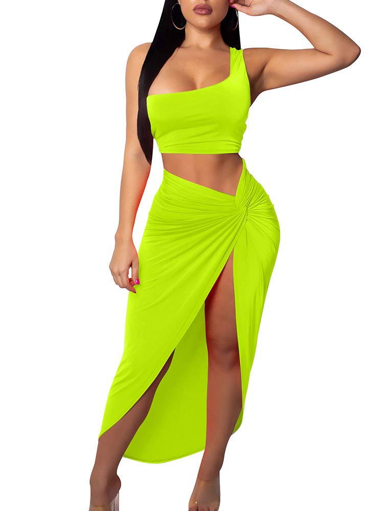 BEAGIMEG Women's Sexy One Shoulder Long Bodycon Slit Skirt 2 Piece Dress Set for Night Out, Club Party & Evening Events | Elegant Formal & Casual Wear