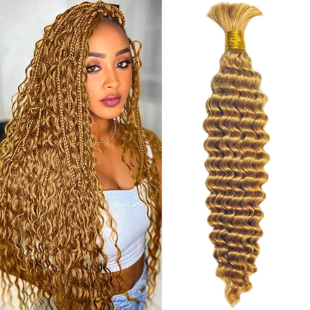 Deep Wave Bulk Human Hair Extensions for Braiding - 100% Virgin Human Hair, No Weft, Honey Blonde (50g/Bundle X2, 27# - 30inch) - Perfect for Boho Braids, Crochet Styles & Protective Hairstyles