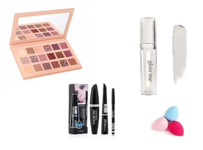Nude & Eyeshadow Palette with Glossy Lip Gloss - Lightweight, Non-Sticky, Hydrating | 3-in-1 Eyeliner, Mascara & Black Kajal Set for Women & Girls | Includes Makeup Sponge - Perfect for Everyday Makeup, Party Looks & Professional Beauty Routines